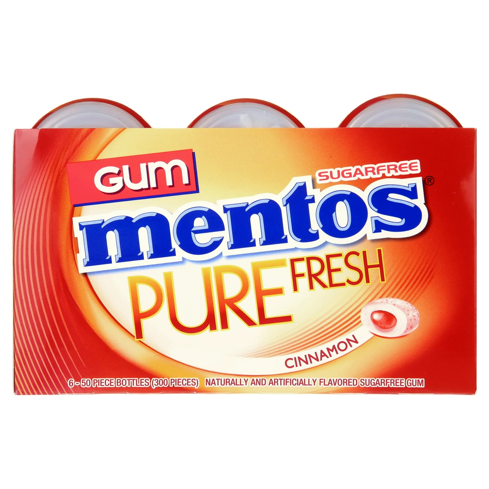 Packaging of Mentos Pure Fresh sugarfree gum with cinnamon flavor on a white background. Mentos Pure Fresh Cinnamon Gum 50-Piece Bottle Front View