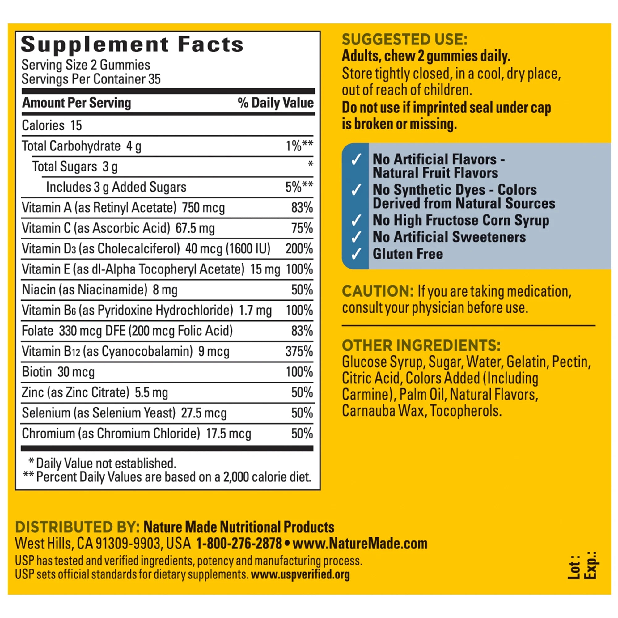 Supplement label with nutritional information and product details on a yellow background. Nature Made for him multivitamin gummies for men’s health