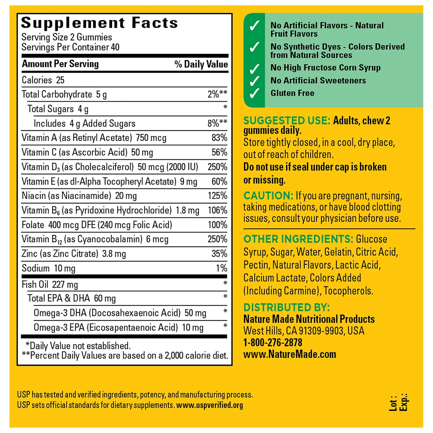 Supplement label with detailed nutritional information and ingredients on a yellow background. Complete daily multivitamin and omega-3 fruit gummies by Nature Made
