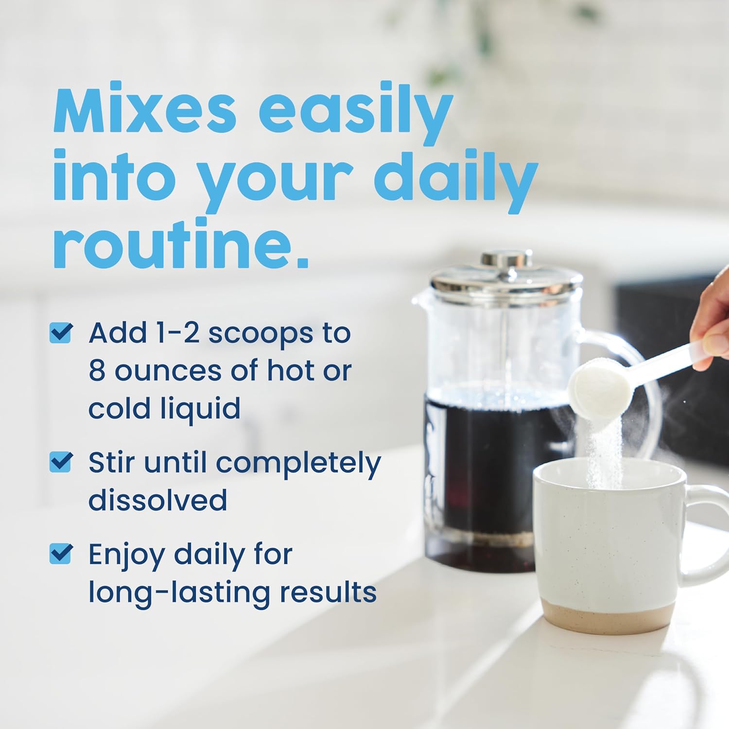 Person adding a scoop of a product into a mug with text on how to use it. Hydrolyzed collagen powder for skin hair nails