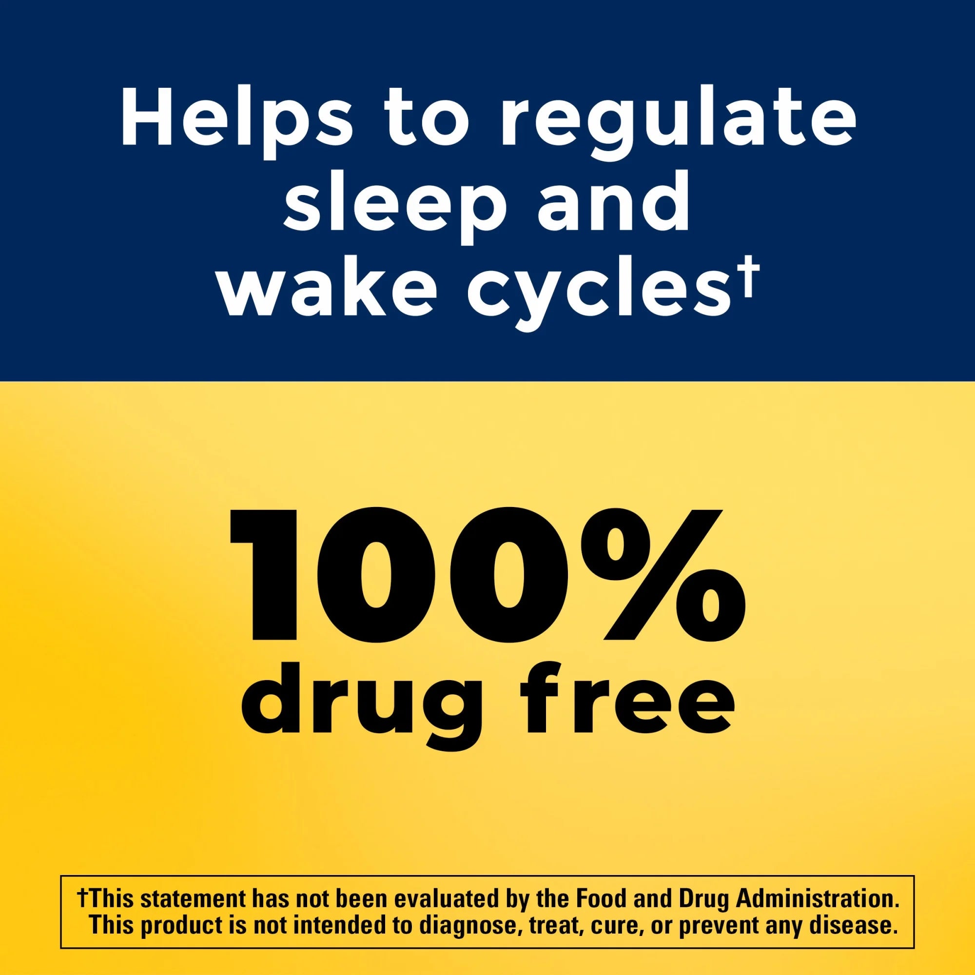 Text on a blue and yellow background claiming to regulate sleep and wake cycles and be 100% drug-free.