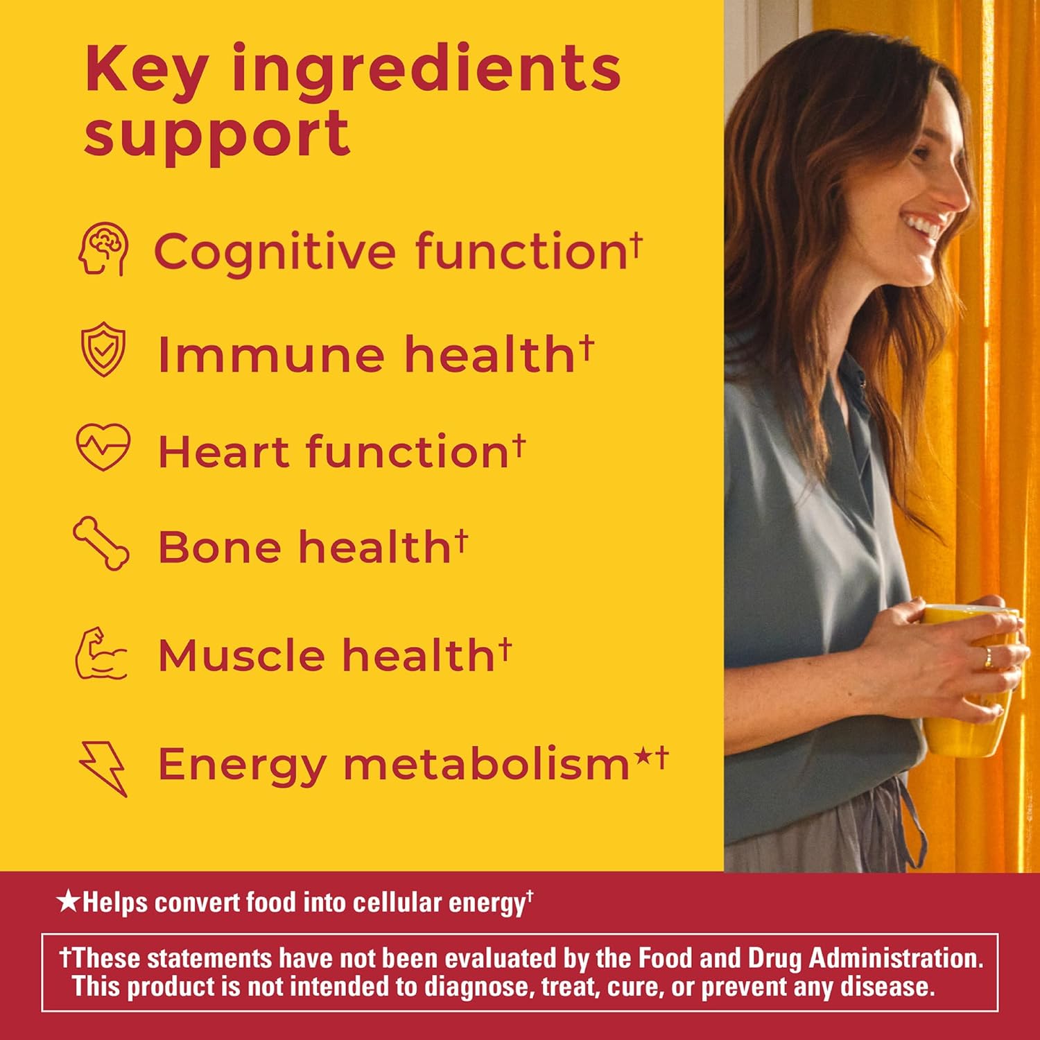 Woman holding a mug with key ingredients for health benefits listed on a yellow background. Nature Made adult gummies – 90 count, complete daily multivitamin
