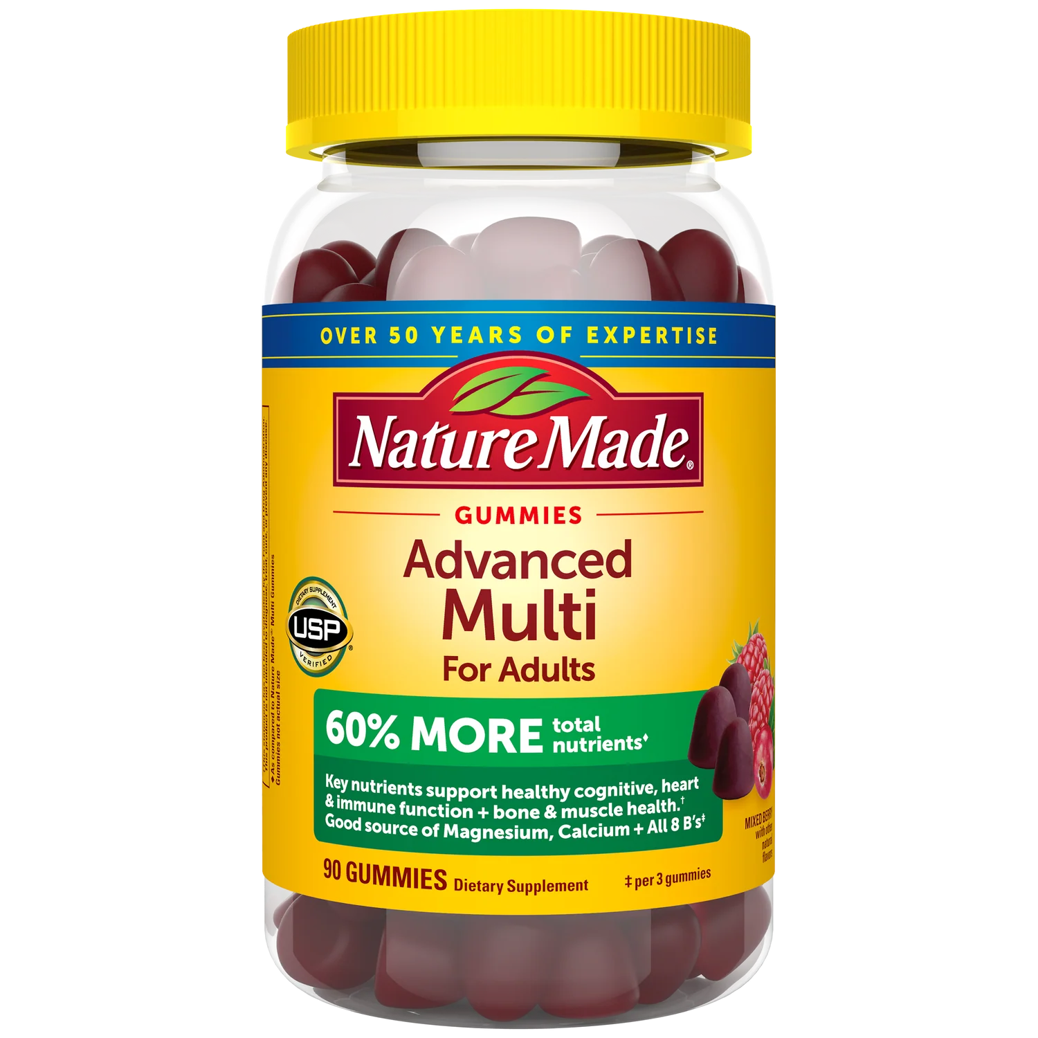 Nature Made Advanced Multi Gummies for Adults bottle on a white background. Nature Made Advanced Multivitamin Gummies for Adults bottle front