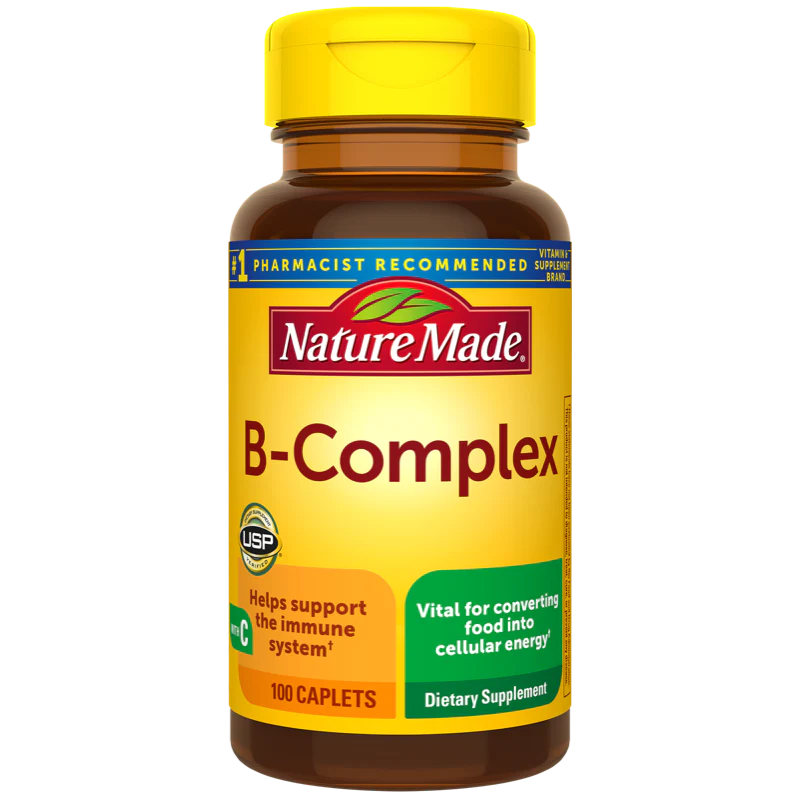 Nature Made B-Complex dietary supplement bottle on a white background. High potency B-complex and vitamin C supplement by Nature Made