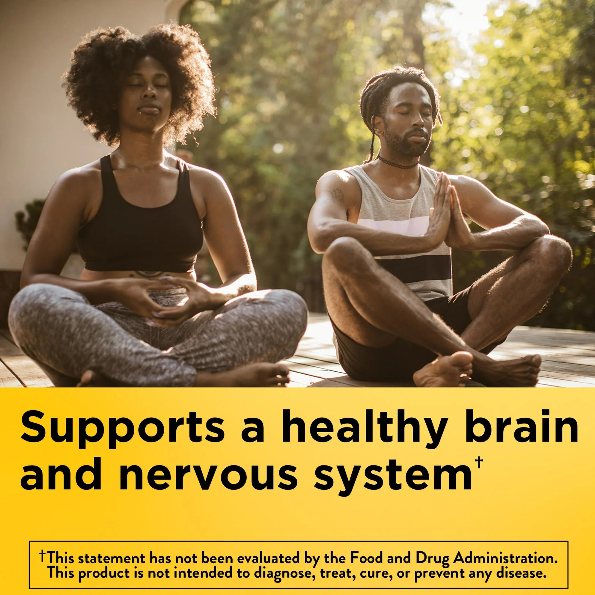 Two people sitting outdoors with a health benefits text overlay. energy and nerve support b complex tablets