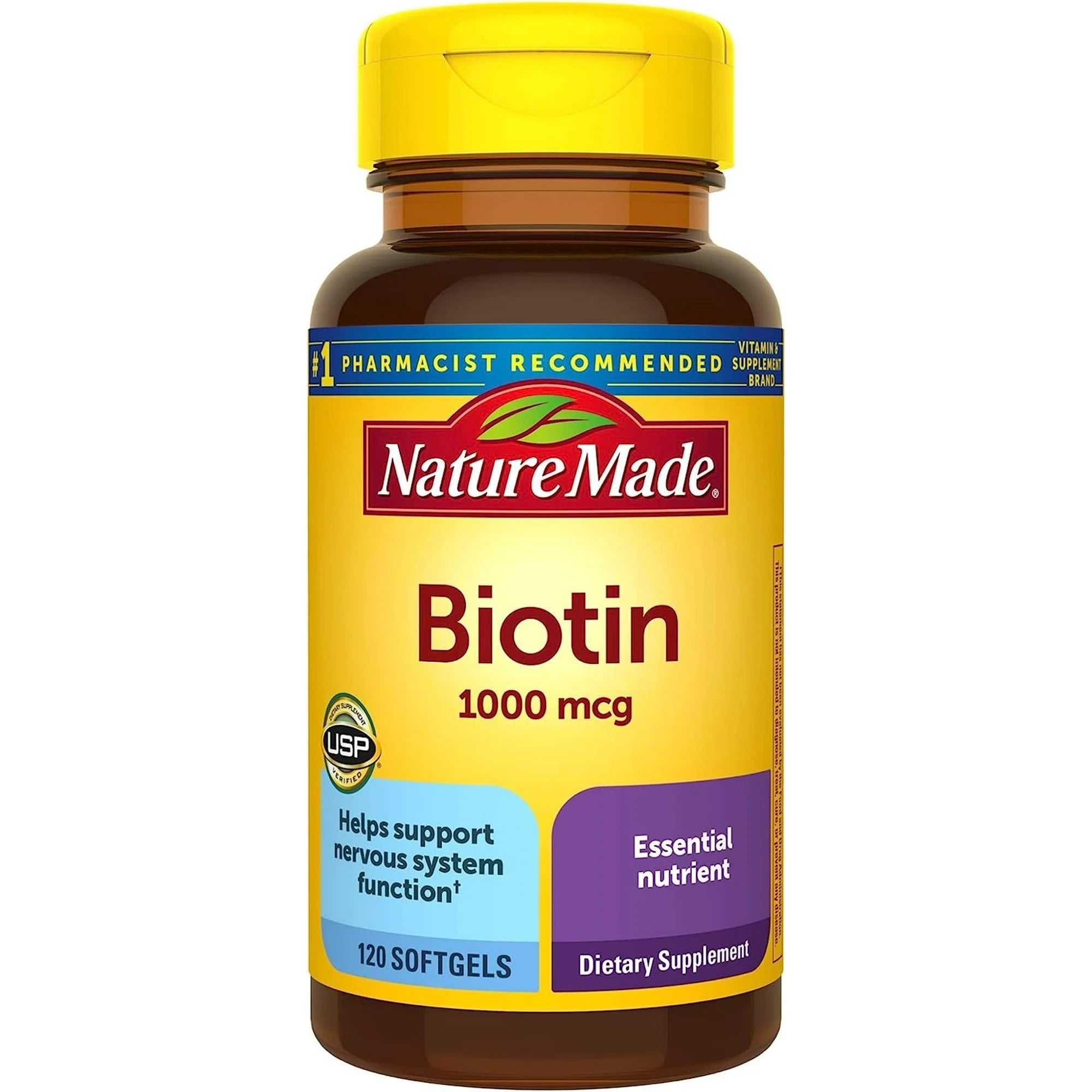 Nature Made Biotin supplement bottle with yellow cap and label on a white background. Biotin 1000 mcg softgels bottle 120 count