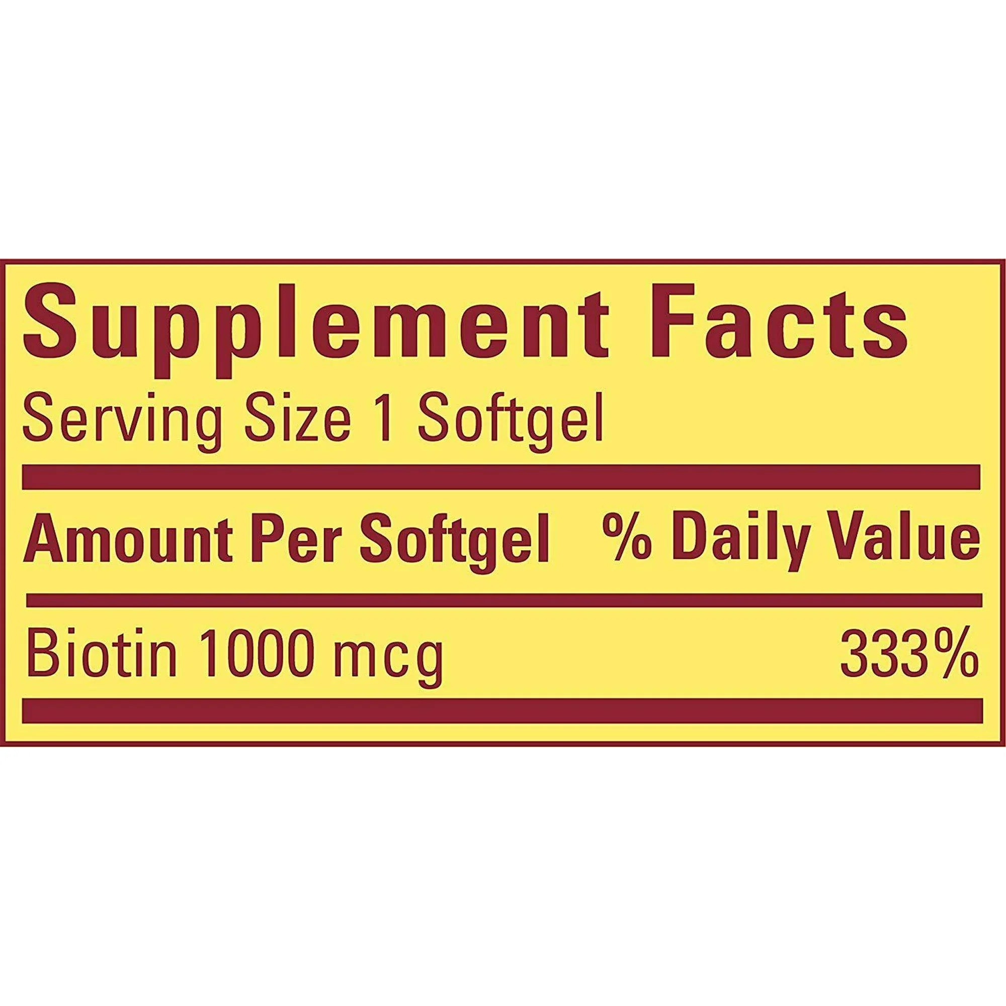 Supplement facts label with Biotin information on a yellow background.Nature Made Biotin beauty support softgels packaging