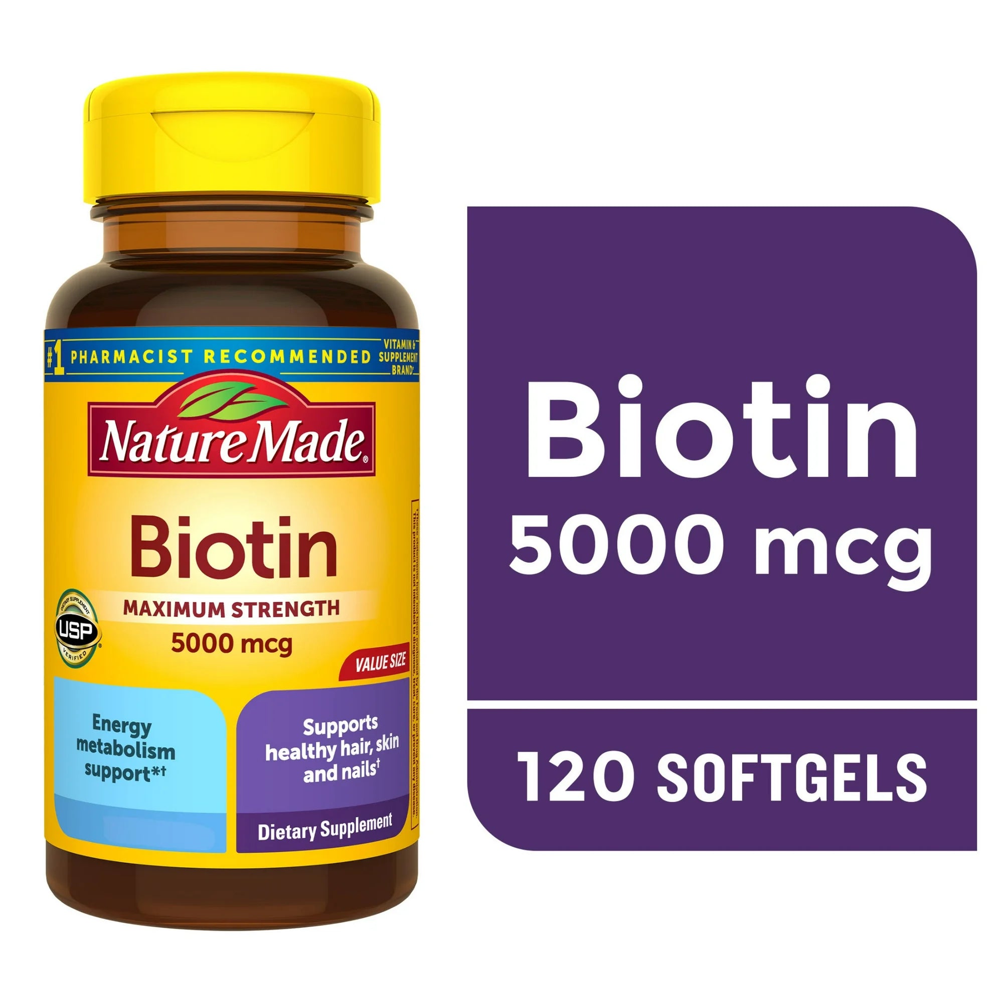 Nature Made Maximum Strength Biotin 5000 mcg bottle with 120 softgels
