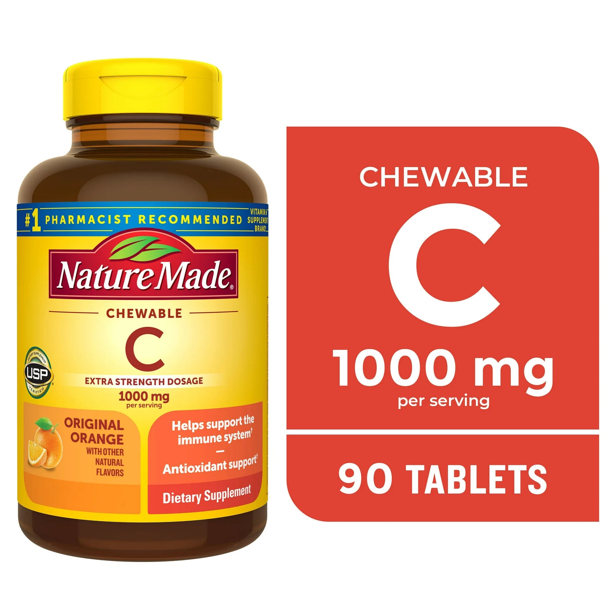 Nature Made Chewable C supplement bottle with label on a white background. Nature Made Chewable Vitamin C 1000 mg orange flavor 90 tablets.