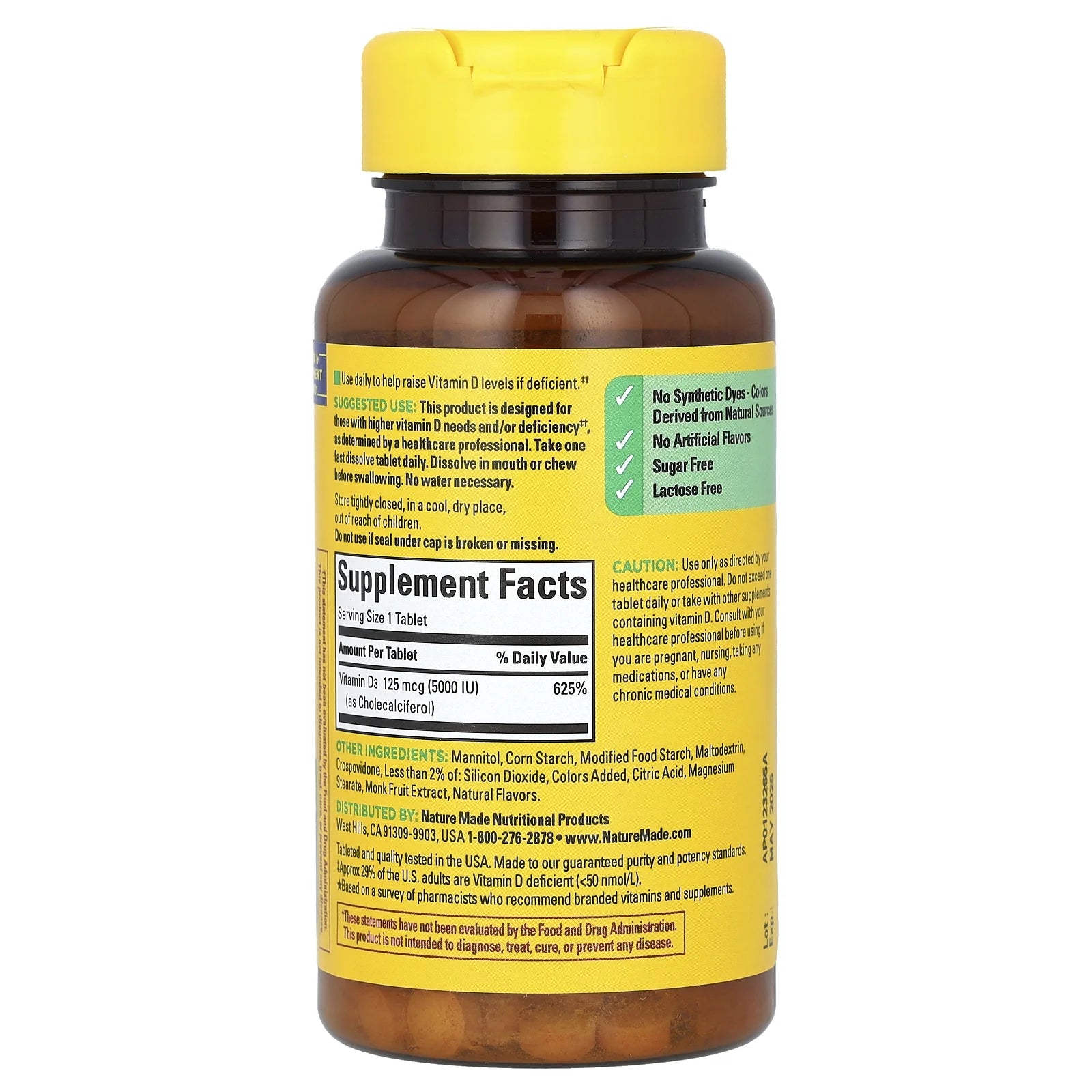 Supplement bottle with yellow cap and label on a white background. High potency Vitamin D3 softgel supplement