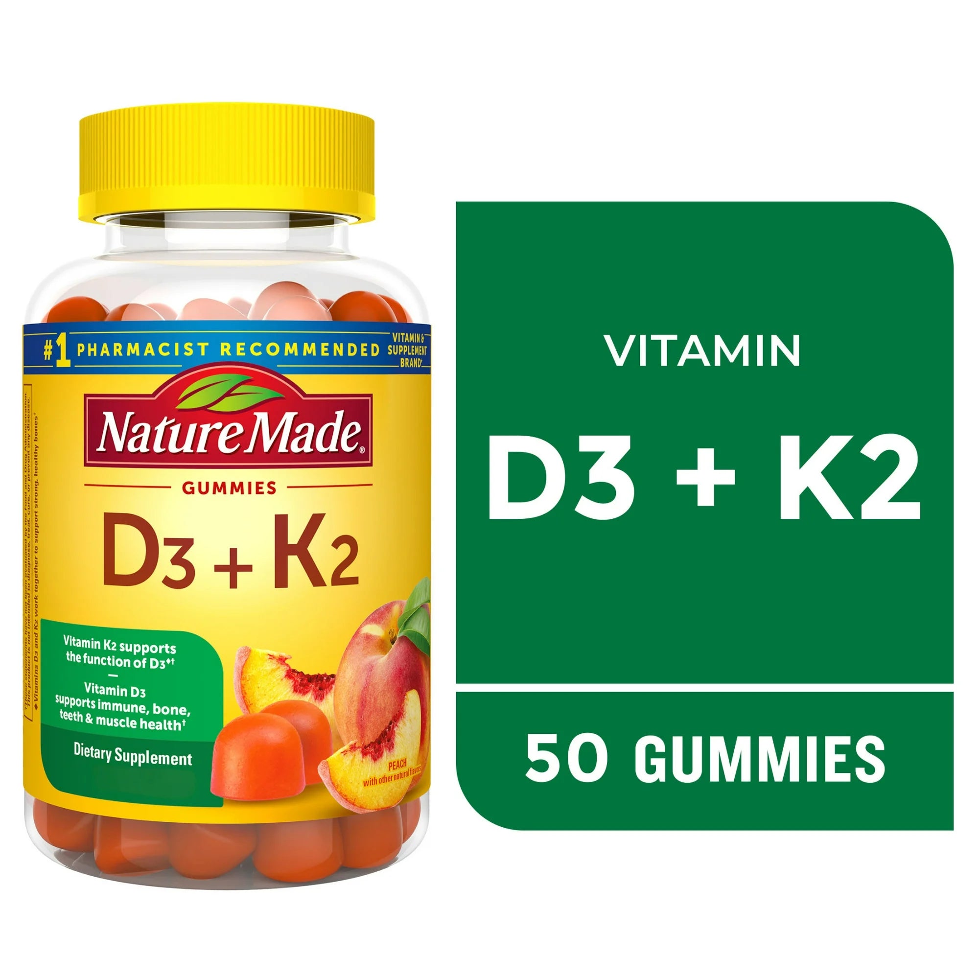 Nature Made Vitamin D3 + K2 gummies packaging on a white background. nature made vitamin d3 k2 gummies peach flavor 50 count.