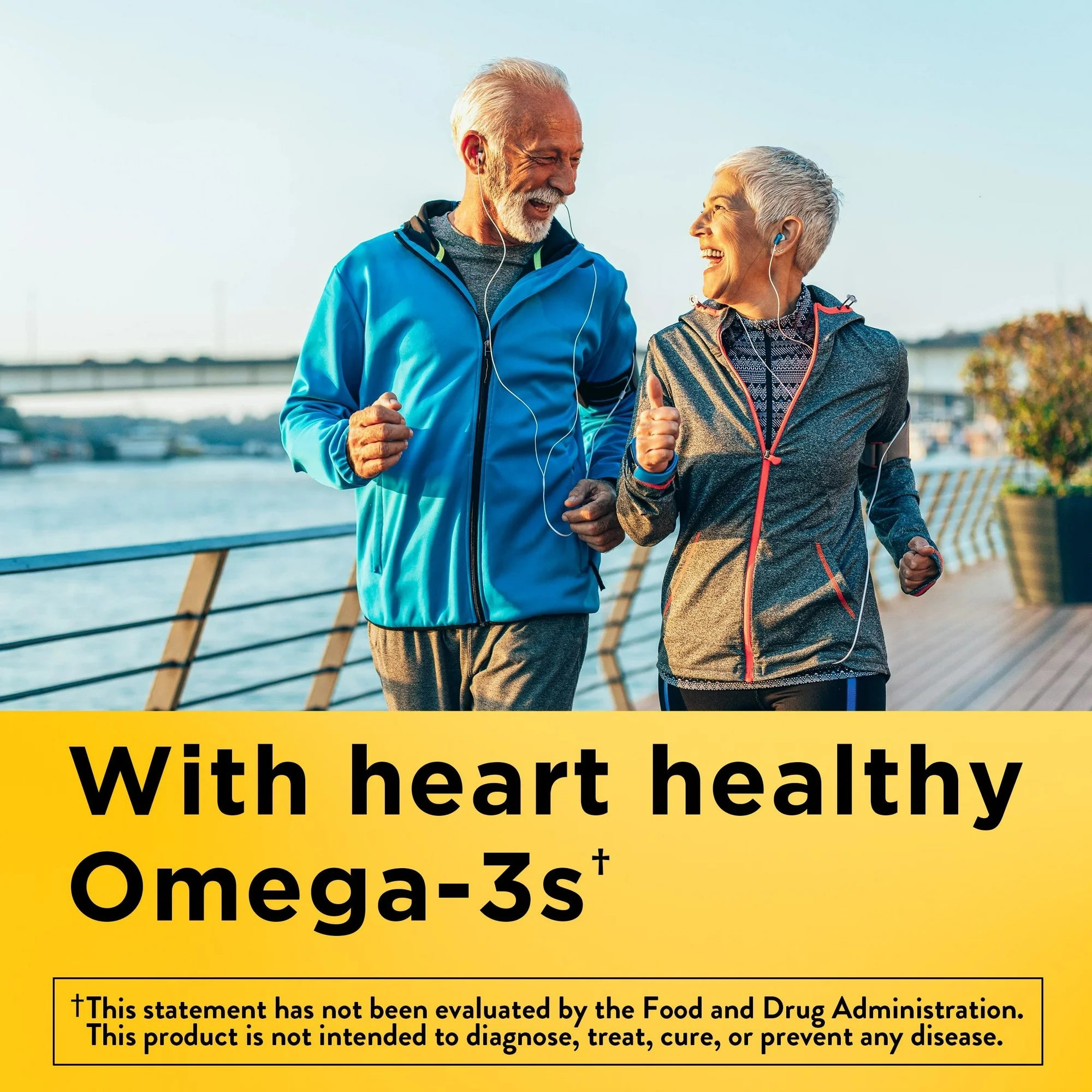 Two elderly individuals jogging by a waterfront with text about heart healthy Omega-3s.