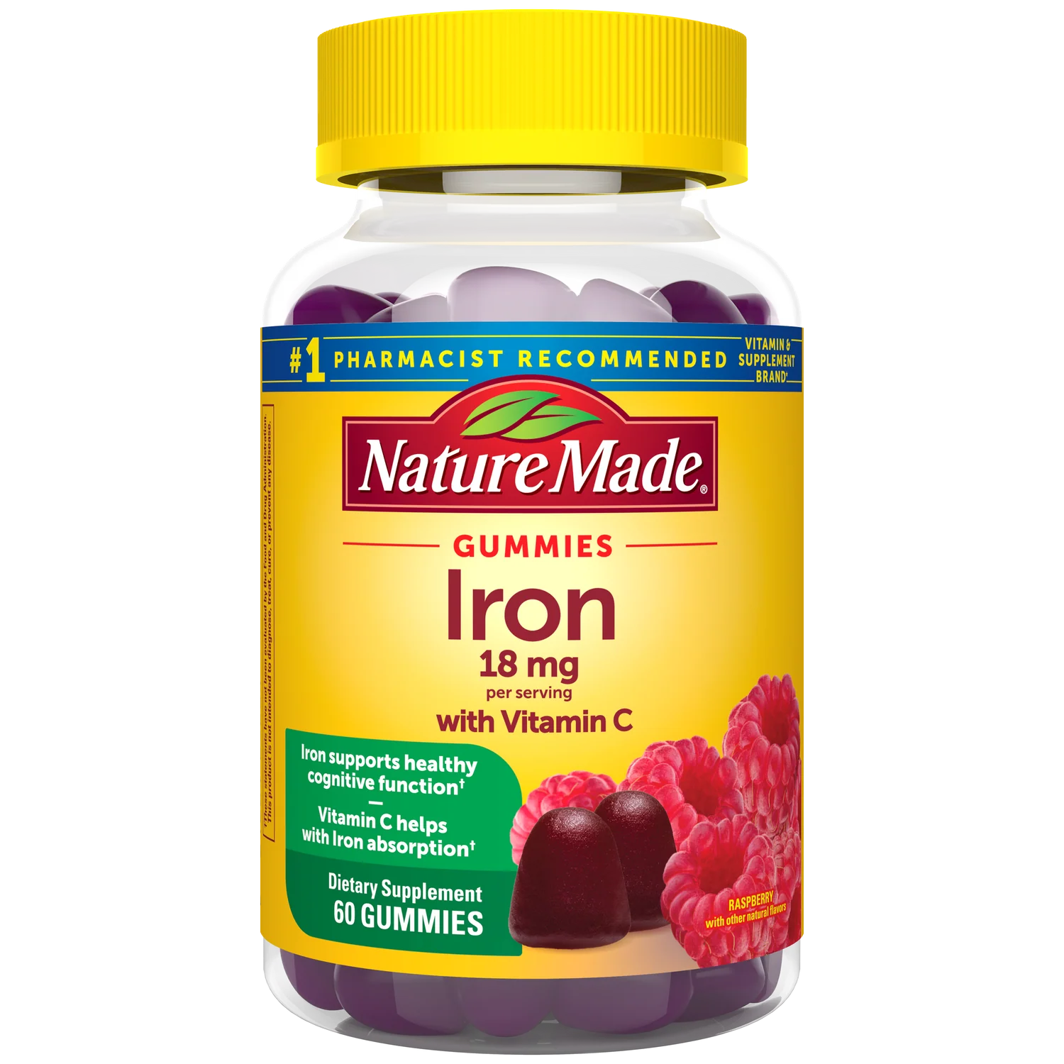 Nature Made Iron gummies with Vitamin C packaging on a white background. Nature Made Iron 18mg Gummies with Vitamin C bottle front