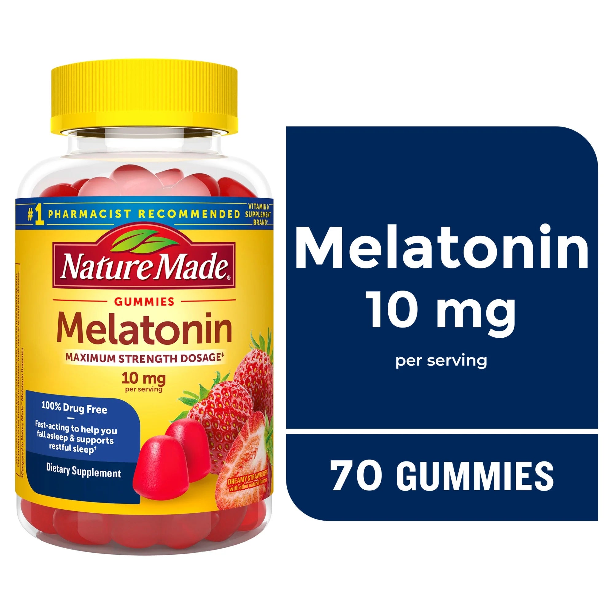 Nature Made Melatonin gummies bottle with strawberry flavor on a white background. Nature Made Melatonin 10mg Gummies 70 count bottle sleep aid