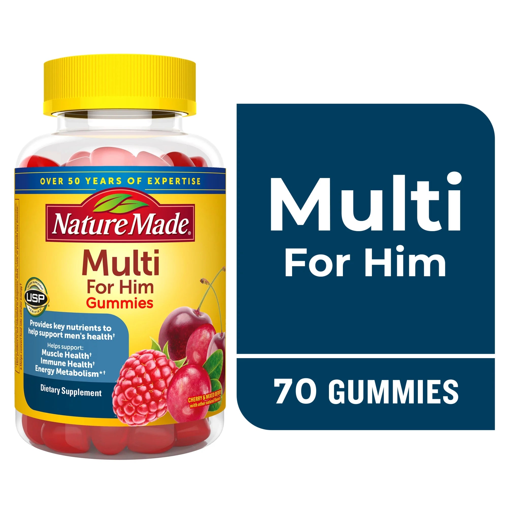 Nature Made Multi For Him Gummies bottle with a blue label indicating 70 gummies.