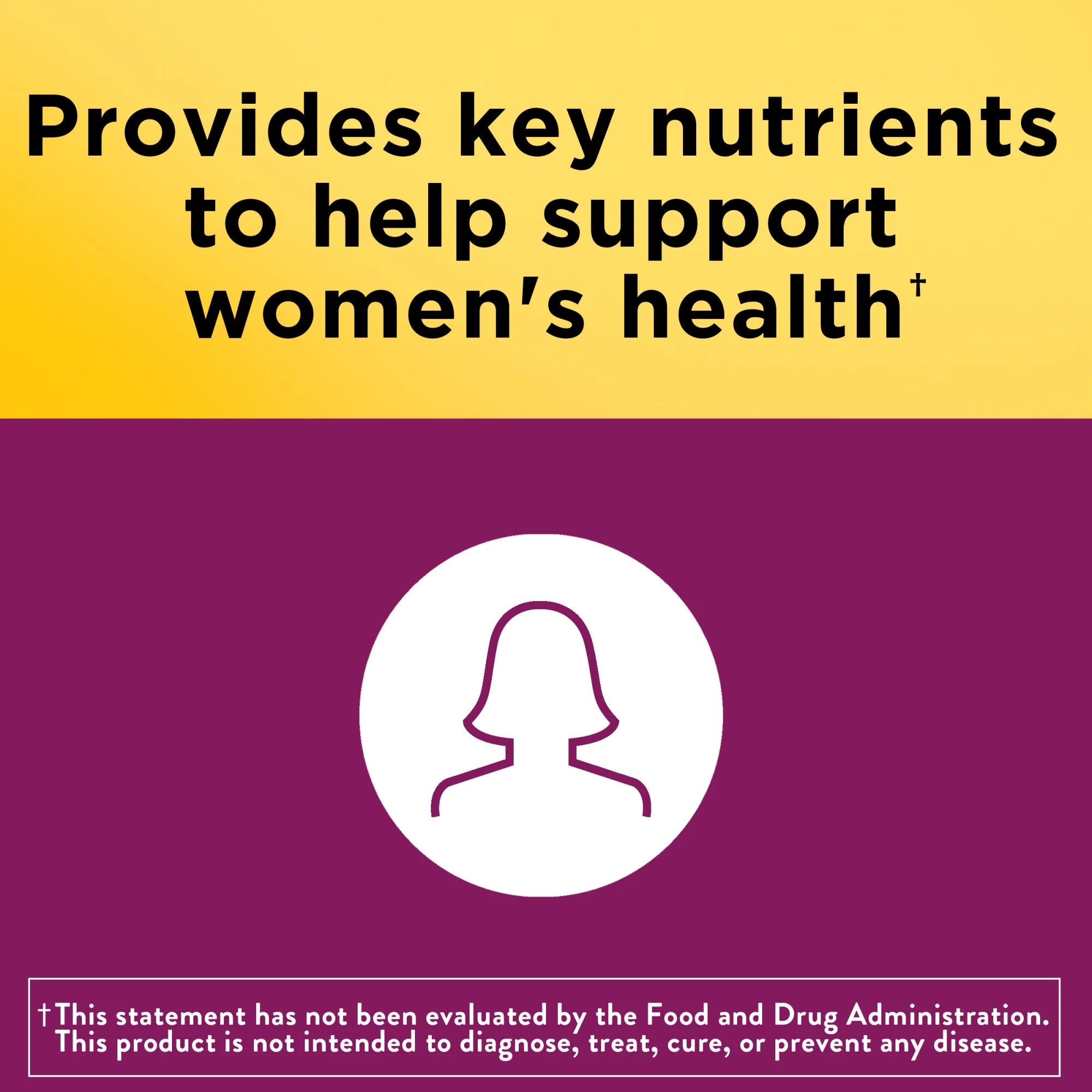Yellow and purple background with text about key nutrients for women's health and a silhouette of a woman.