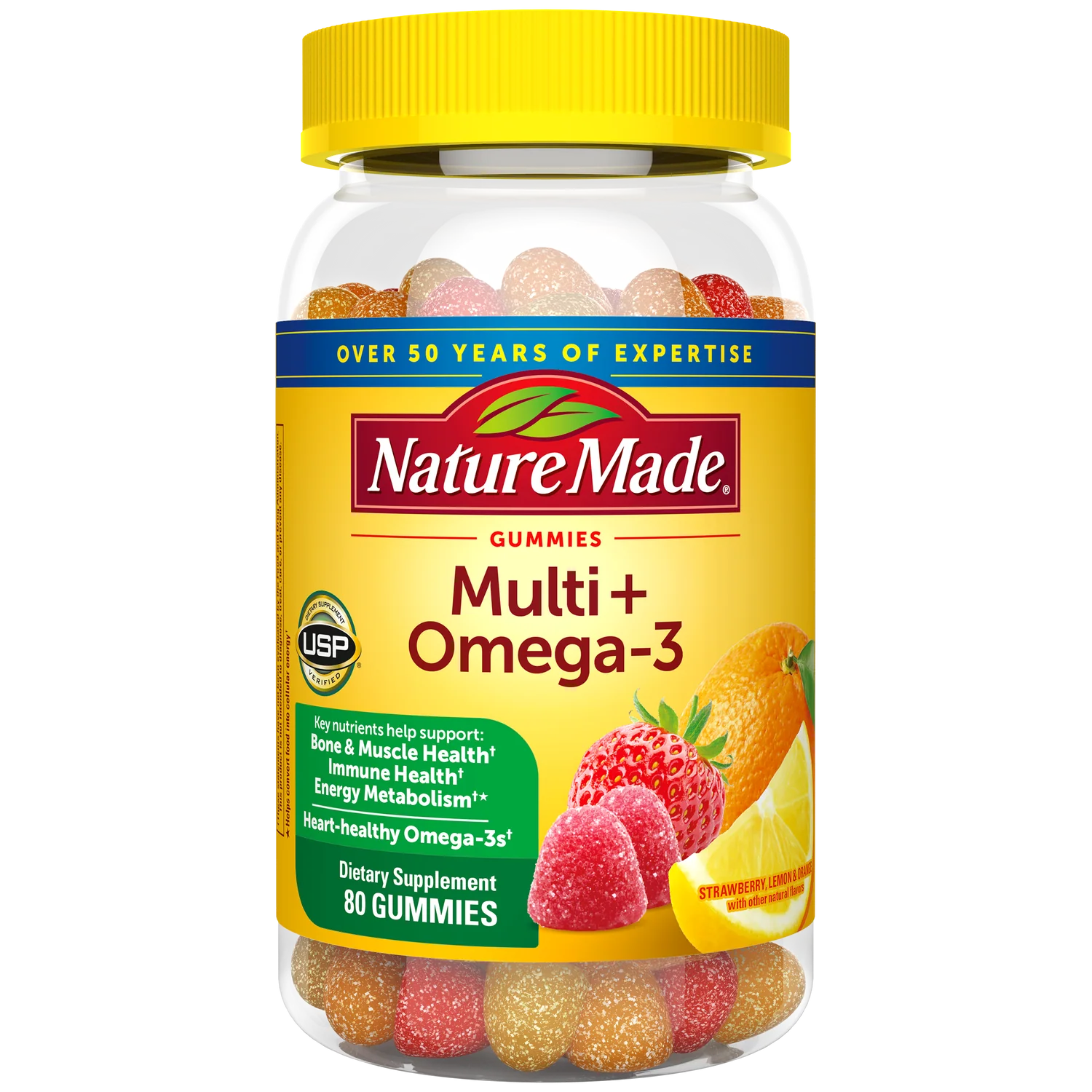 Nature Made Multi+ Omega-3 gummies bottle on a white background. Nature Made Multivitamin Omega-3 Gummies 140 count bottle supplement