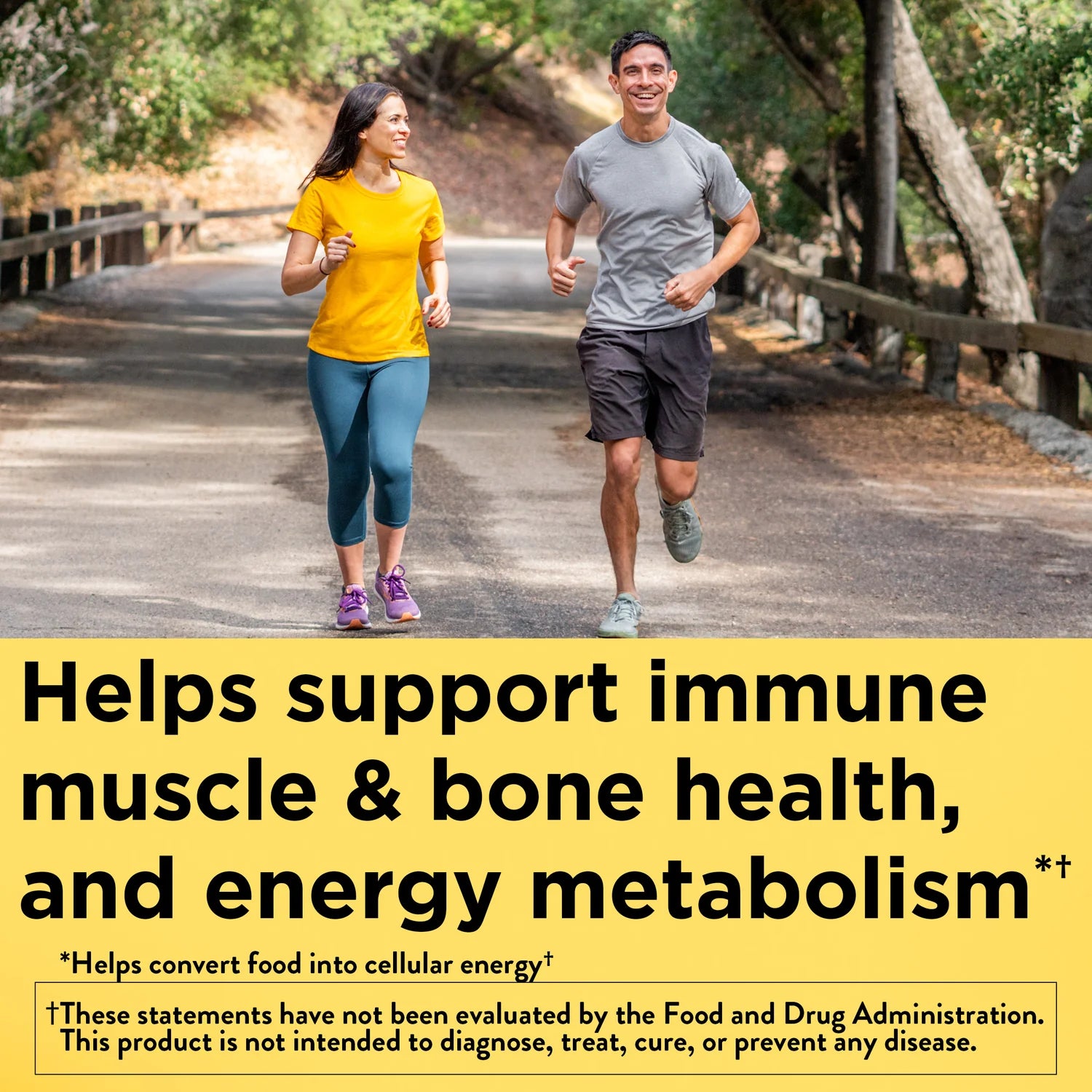 Two people running on a path with text about health benefits. Nature Made multivitamin plus omega-3 for heart and immune health