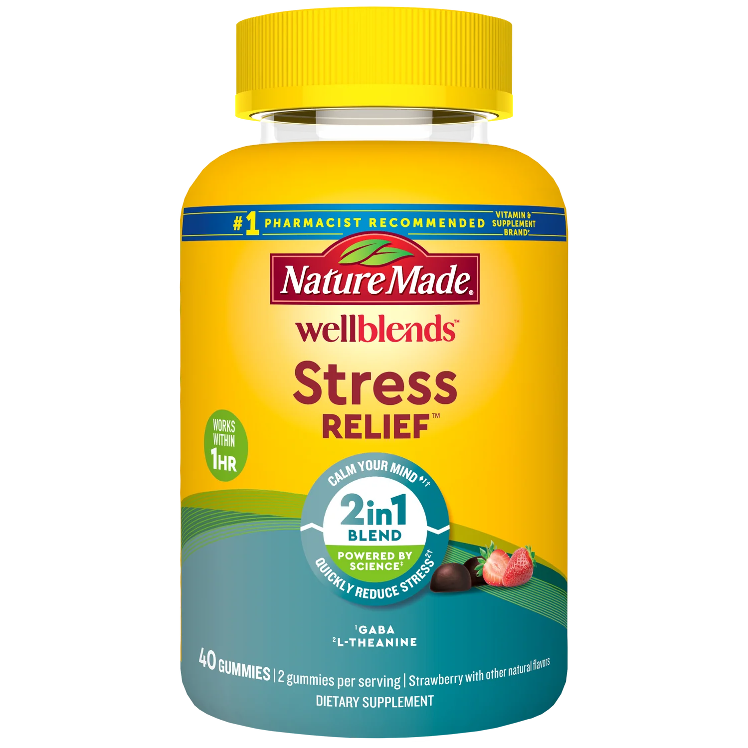 Nature Made Wellblends Stress Relief supplement bottle on a white background. Nature Made Wellblends Stress Relief Gummies strawberry bottle 40 count