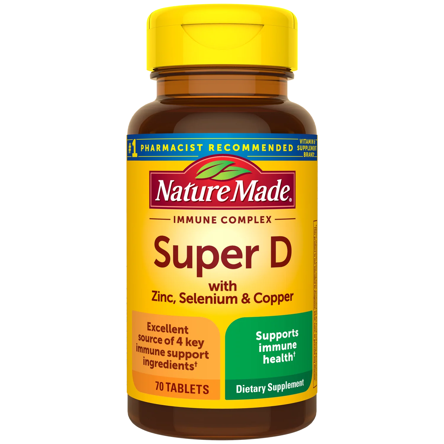 Nature Made Super D supplement bottle with yellow cap on a white background. Super D Immune Complex – 60 tablets, Nature Made immune and bone health