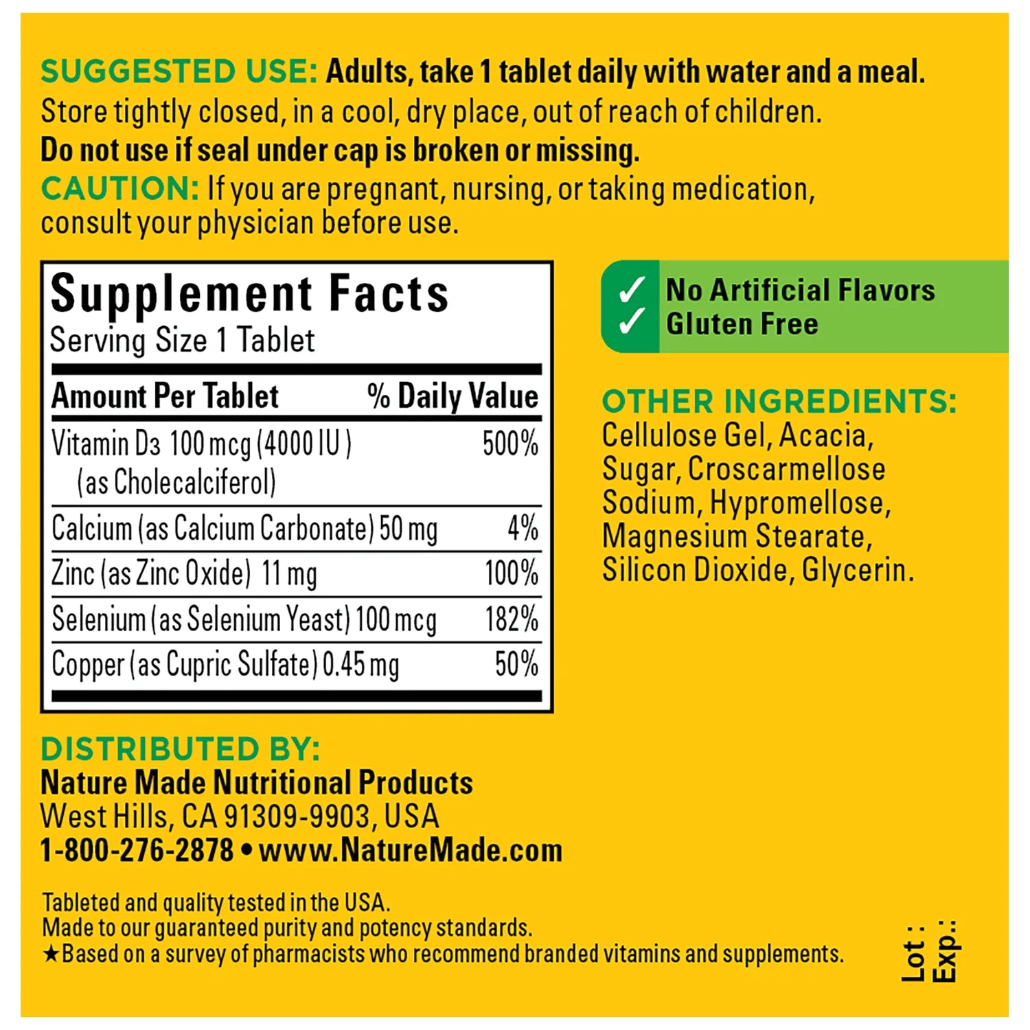 Supplement label with detailed information on a yellow background. Nature Made Super D Immune Complex bottle front view