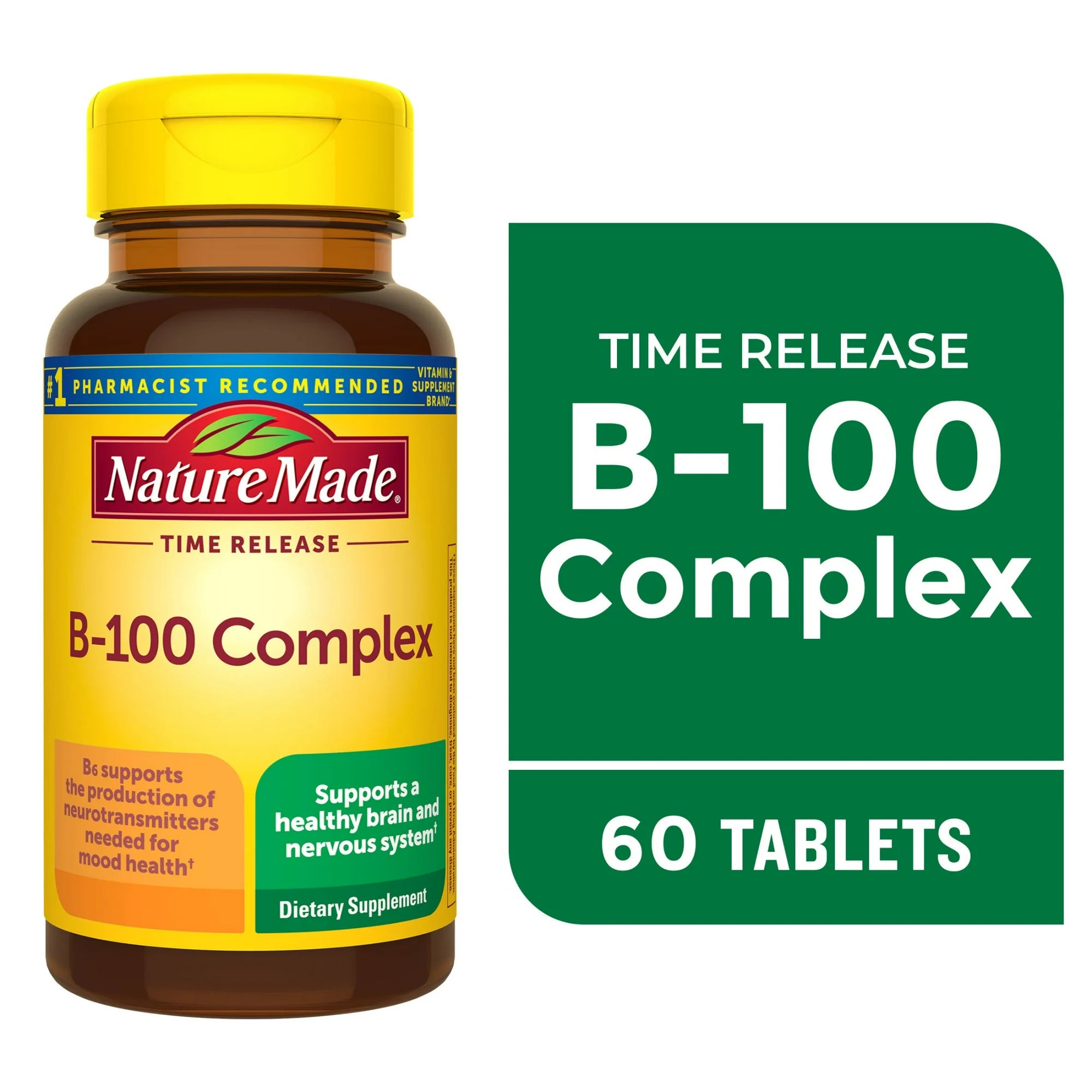 Nature Made B-100 Complex supplement bottle with label on a white background. nature made time release b100 complex 60 tablets front