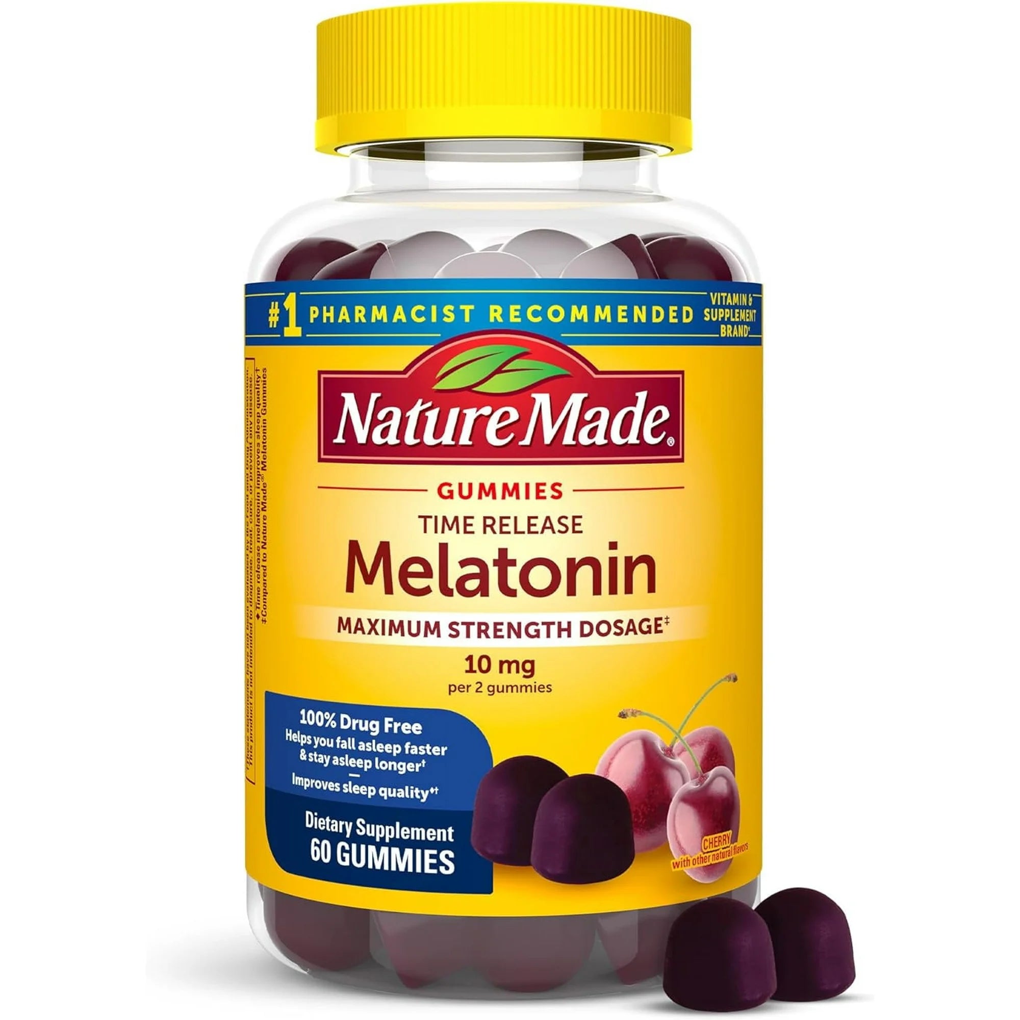 Nature Made Melatonin gummies bottle with yellow cap on a white background. Nature Made Time Release Melatonin Gummies 10mg 60 count bottle