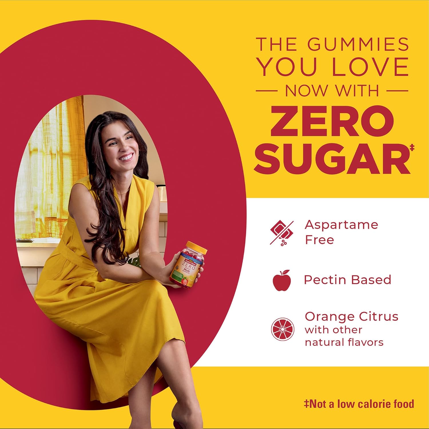Woman in yellow dress holding a jar with text about gummies with zero sugar, aspartame-free, pectin-based, orange citrus flavor.