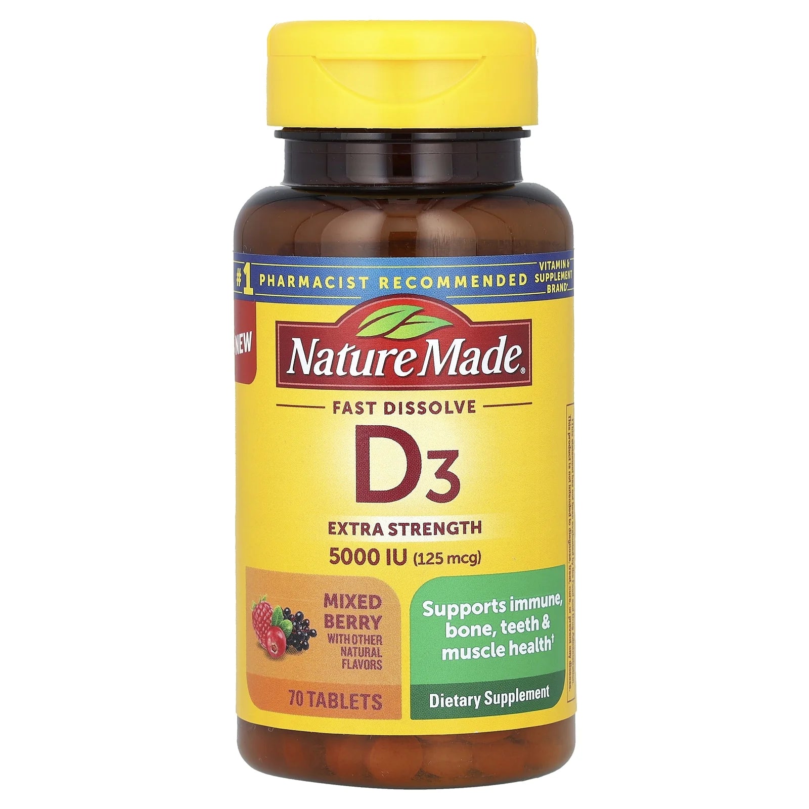 Nature Made D3 supplement bottle with yellow cap on a white background. Nature Made Vitamin D3 5000 IU softgels bottle