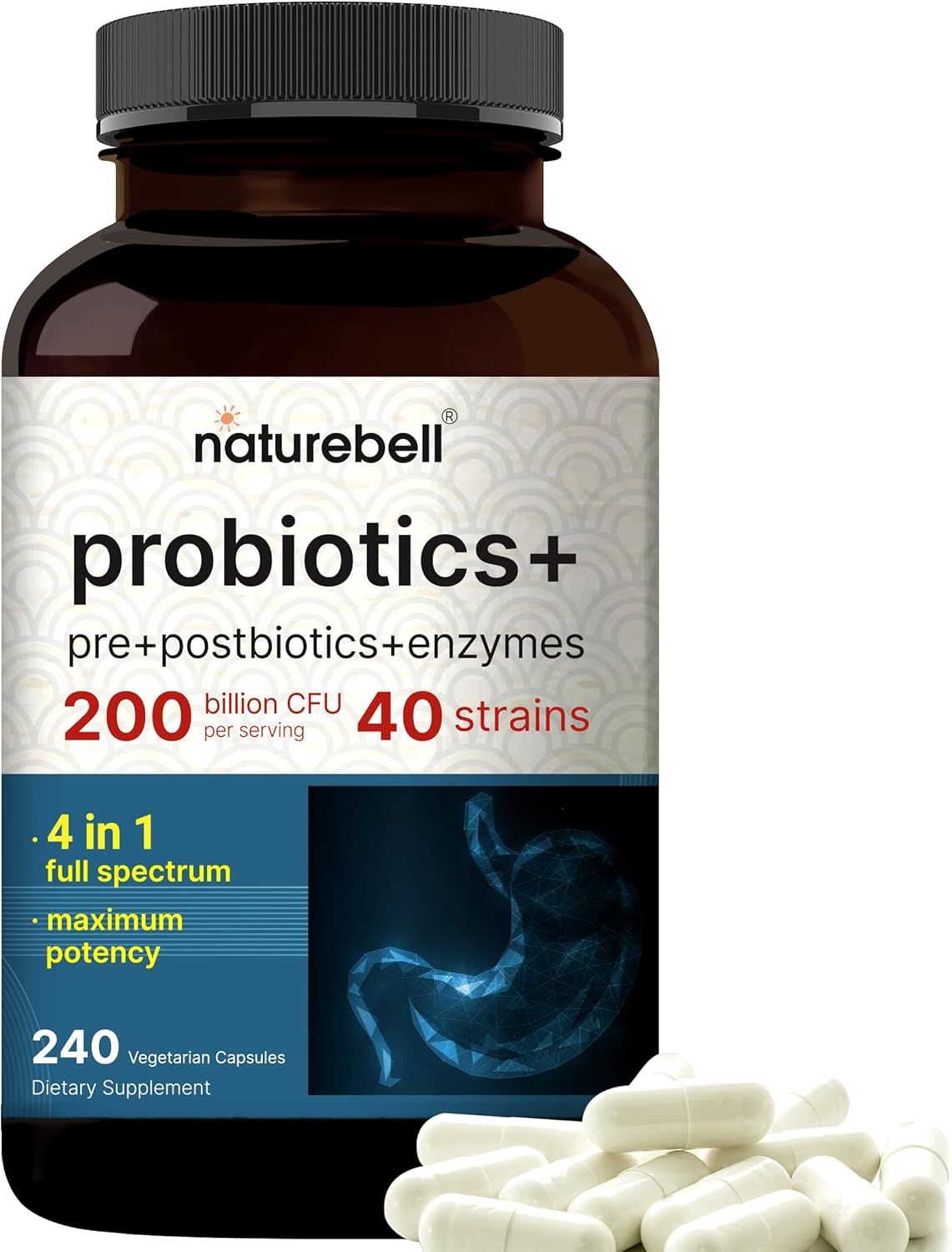 NatureBell probiotics 200 billion CFU digestive support capsules bottle