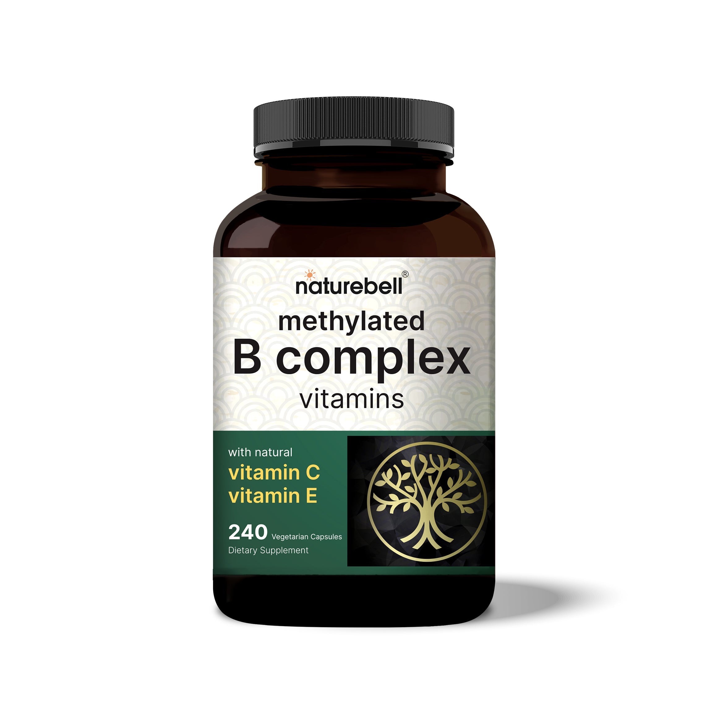 NatureBell methylated B complex vitamins front label with natural vitamin C and E, 240 vegetarian capsules