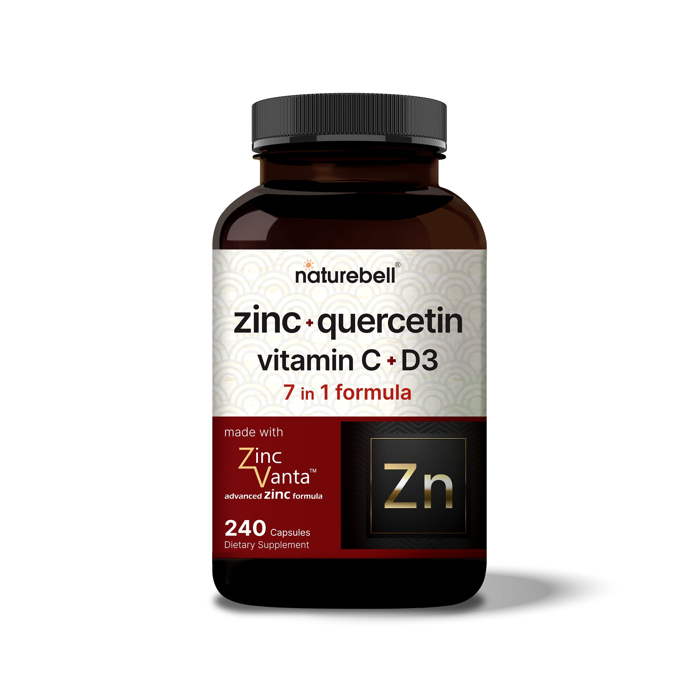 NatureBell Zinc Quercetin with Vitamin C and D3 bottle, 7 in 1 formula, 240 capsules