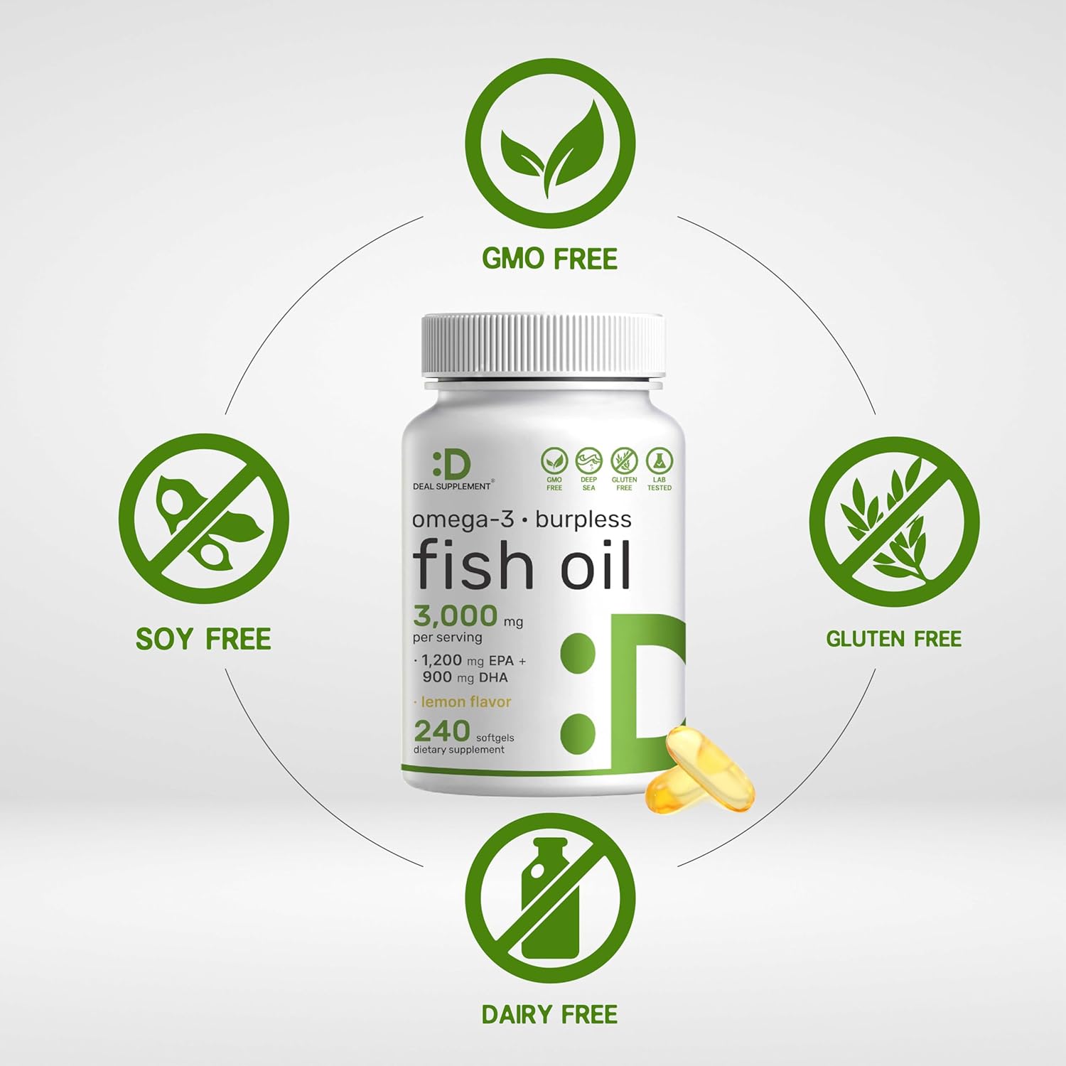 omega 3 EPA DHA softgel capsules lemon flavored supplement