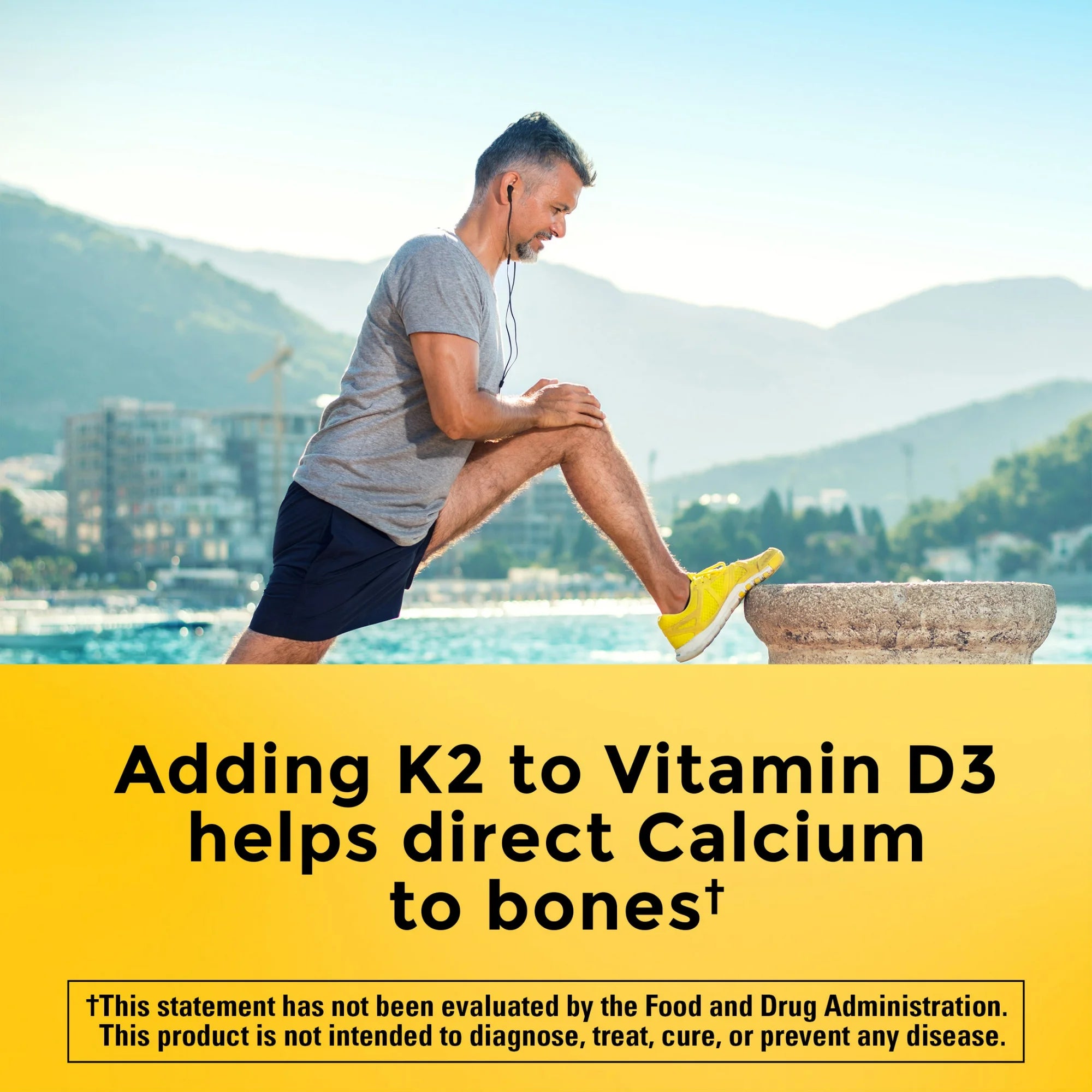 Man stretching outdoors with text about K2 and Vitamin D3 on a yellow banner.