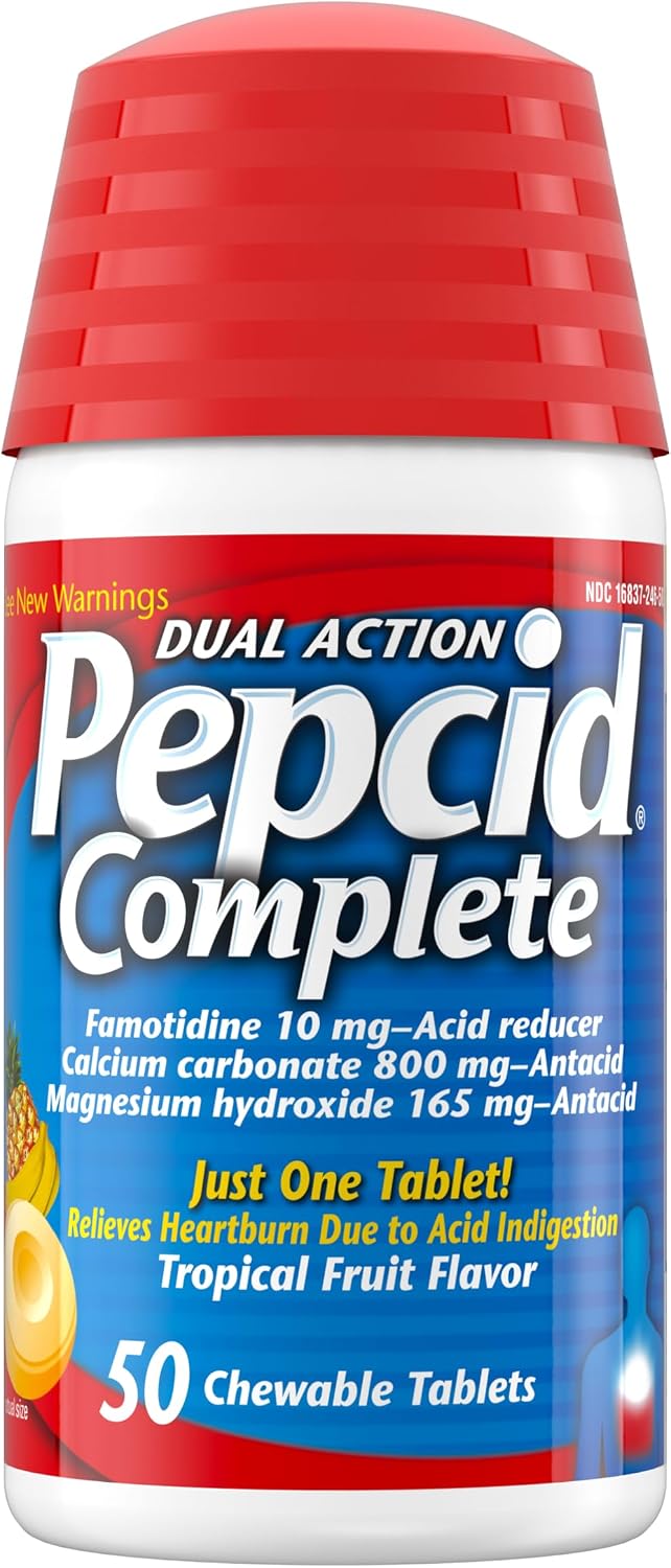 Pepcid Complete acid reducer and antacid chews, tropical fruit, 50 count bottle front label