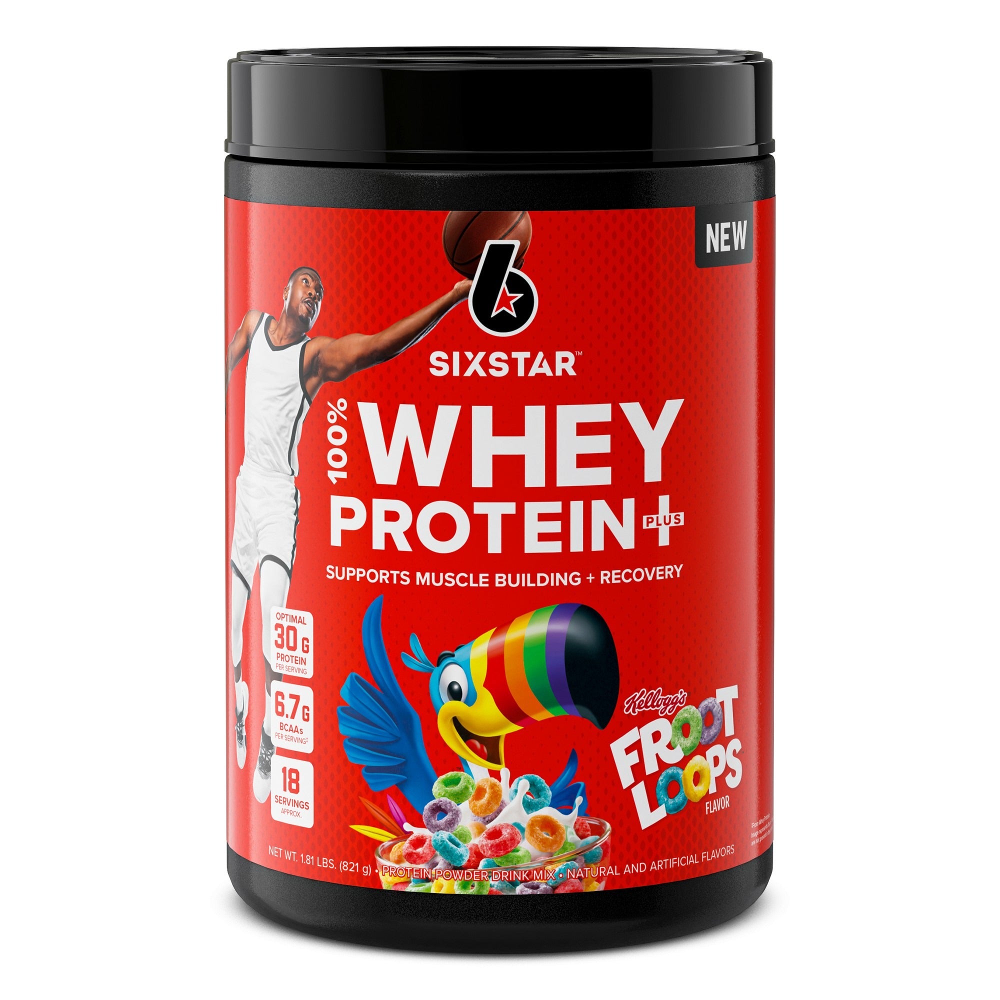 Six Star 100% Whey Protein Plus Kellogg's Froot Loops flavor 1.81 lb tub front view