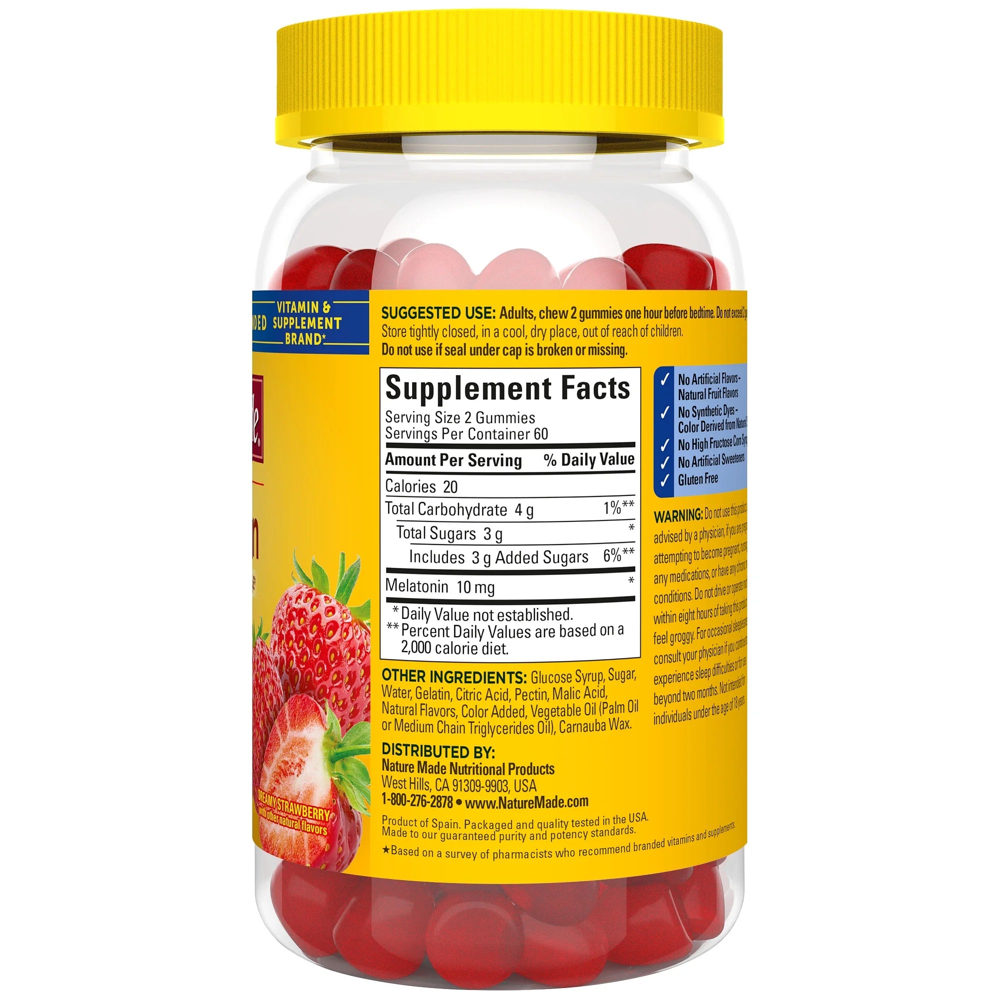 Supplement bottle with red gummies and yellow cap on a white background. Drug-free melatonin sleep aid gummies Nature Made dietary supplement