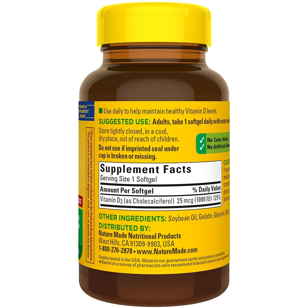 Value Size Vitamin D3 1000 IU 180 Softgels for Bone Health