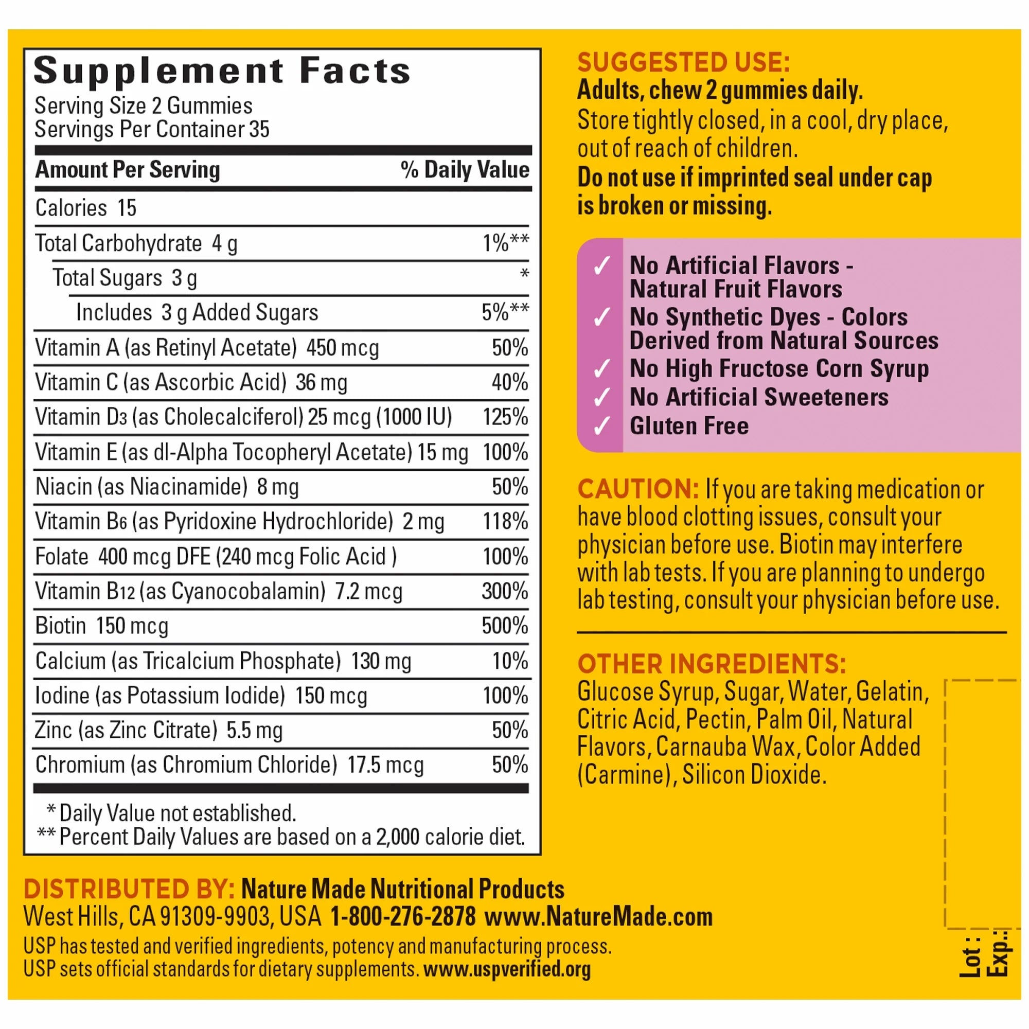 Supplement label with detailed nutritional information on a yellow background. Nature Made daily multivitamin supplement for women