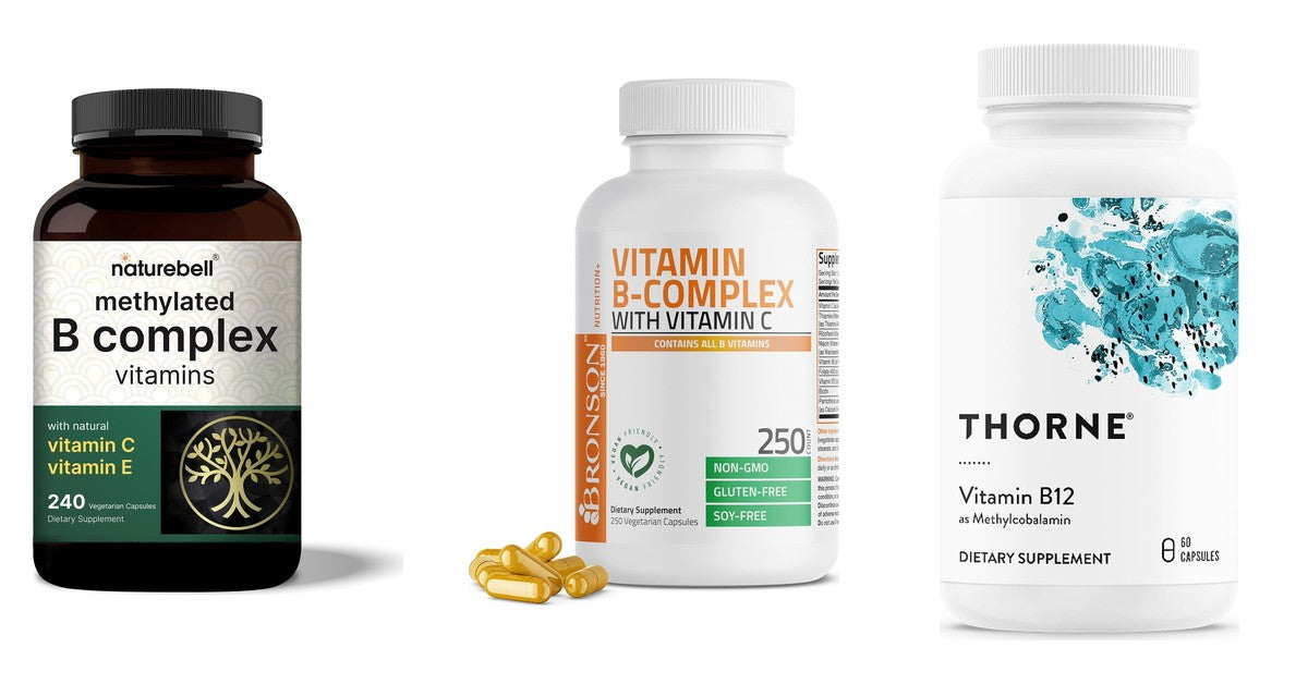 Three B vitamin products from our shelf: NatureBell Methylated B Complex capsules, Bronson Vitamin B-Complex with Vitamin C capsules, Thorne Vitamin B12 Methylcobalamin capsules