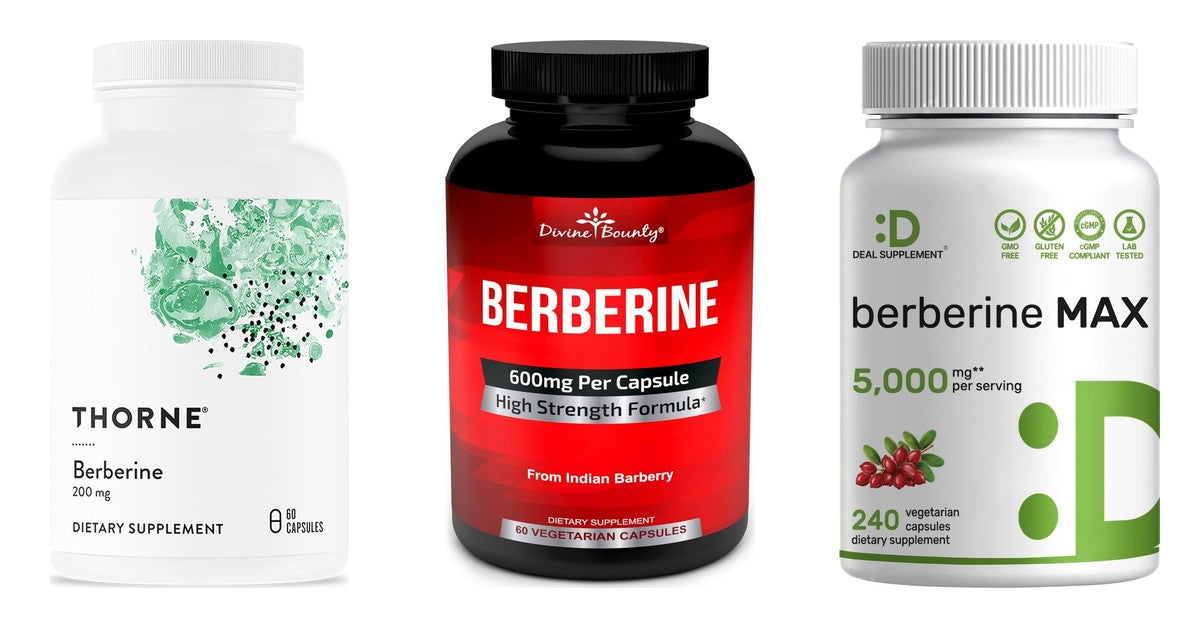 Three berberine products from our shelf: Thorne Berberine 200 mg capsules, Divine Bounty Berberine HCl 600 mg capsules, Deal Supplement Berberine Max with Turmeric capsules