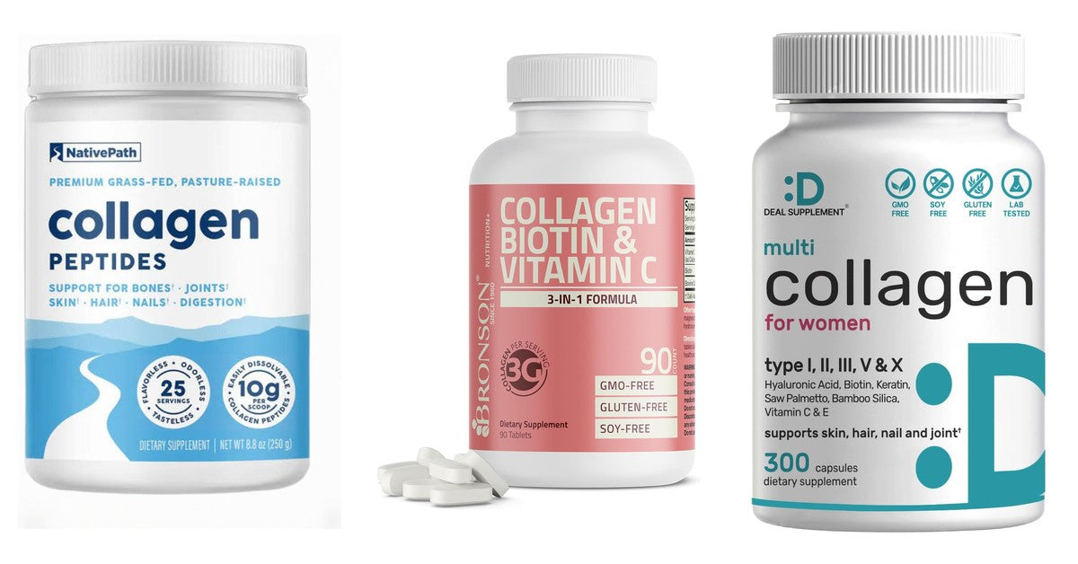 Three collagen products from our shelf: NativePath Collagen Peptides powder, Bronson Collagen Biotin and Vitamin C tablets, Deal Supplement Multi Collagen capsules