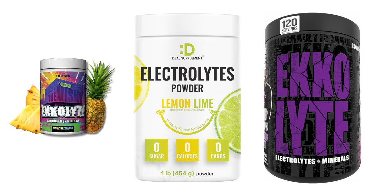 Three electrolyte powders from our shelf: Ekkovision Ekkolyte pineapple tub, Deal Supplement Electrolytes Powder lemon lime tub, Ekkolyte grape tub
