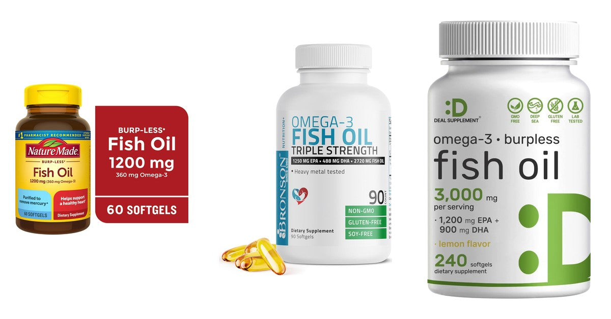 Three fish oil products from our shelf: Nature Made Fish Oil 1200 mg softgels, Bronson Triple Strength Omega-3 softgels, Deal Supplement Omega-3 Fish Oil 3000 mg softgels