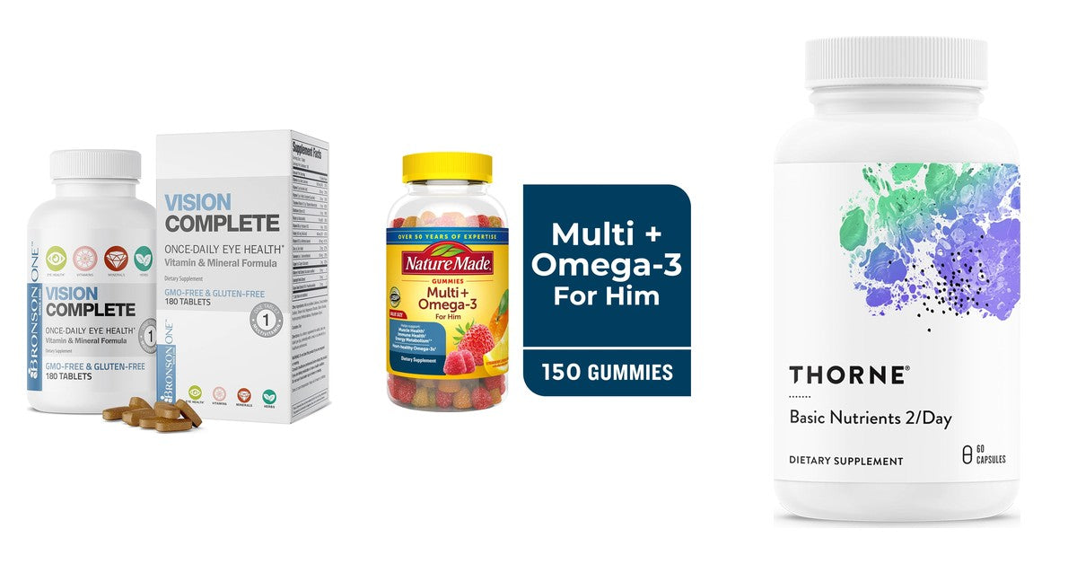 Three multivitamins from our shelf: Bronson Vision Complete tablets, Nature Made Multivitamin + Omega-3 For Him gummies, Thorne Basic Nutrients 2/Day capsules
