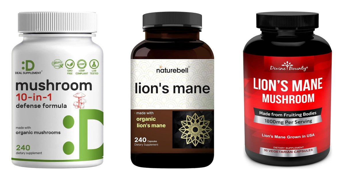 Three mushroom supplements from our shelf: Deal Supplement Organic Mushroom Complex 10-in-1, NatureBell Lion's Mane capsules, Divine Bounty Lion's Mane capsules