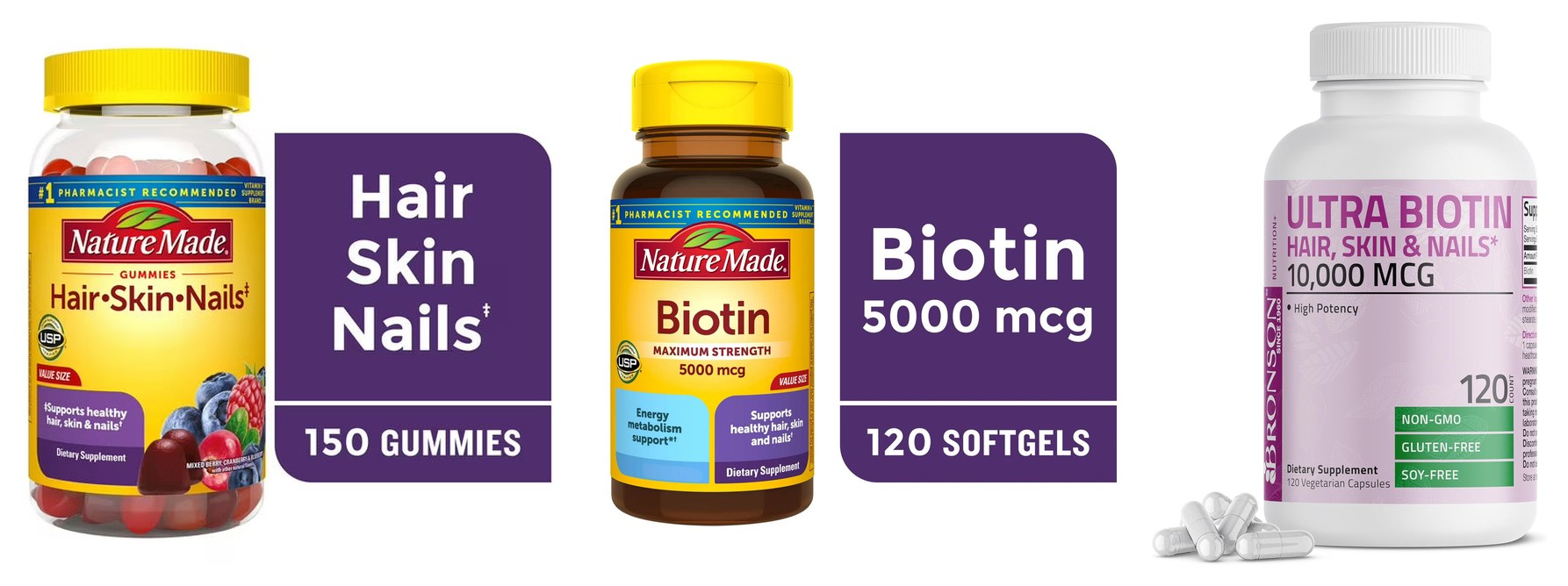 Biotin label guide: 2500, 5000 and 10000 mcg bottles side by side