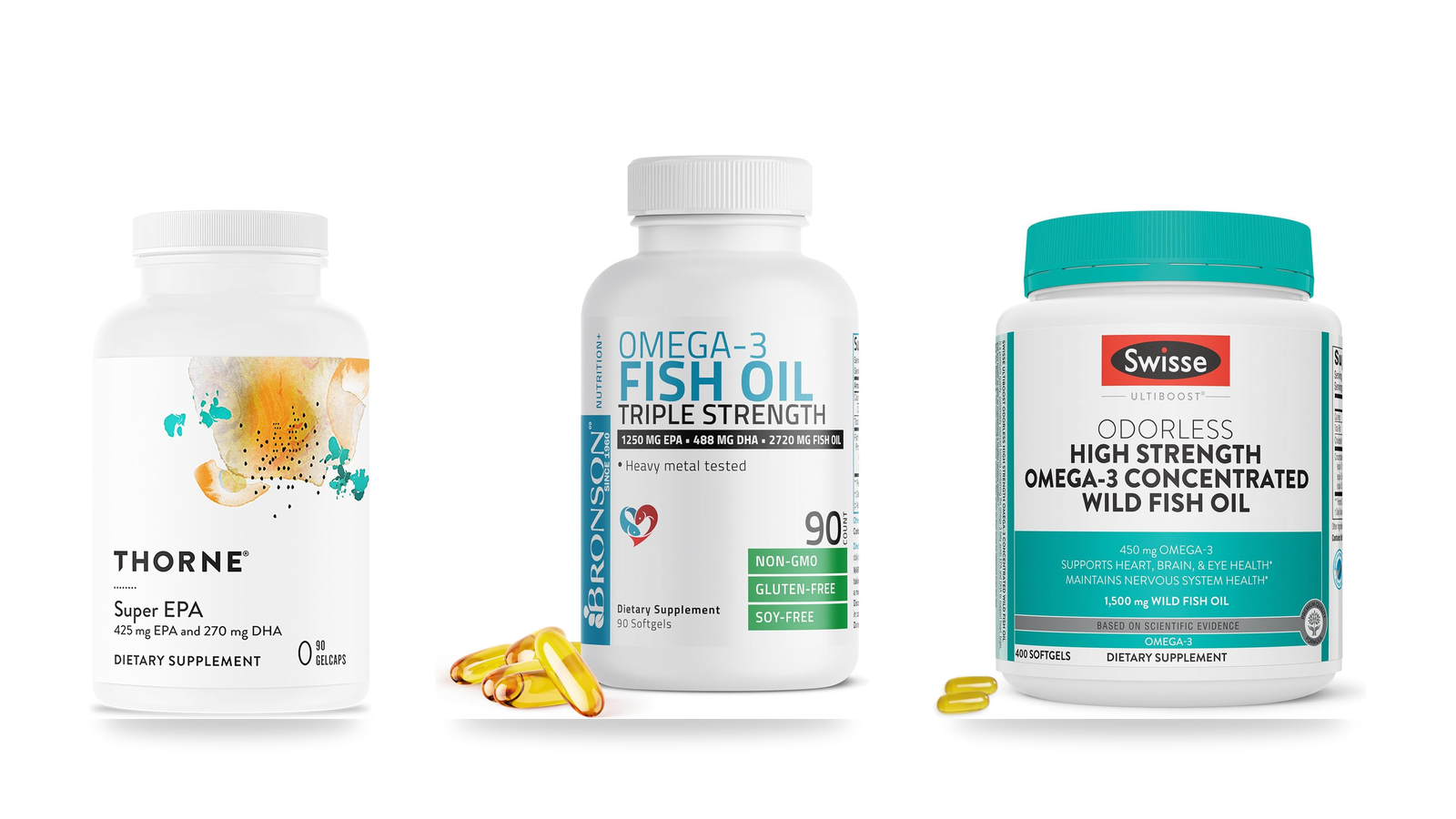 Three fish oil supplement bottles: Thorne Super EPA, Bronson Triple Strength Omega-3 and Swisse Wild Fish Oil