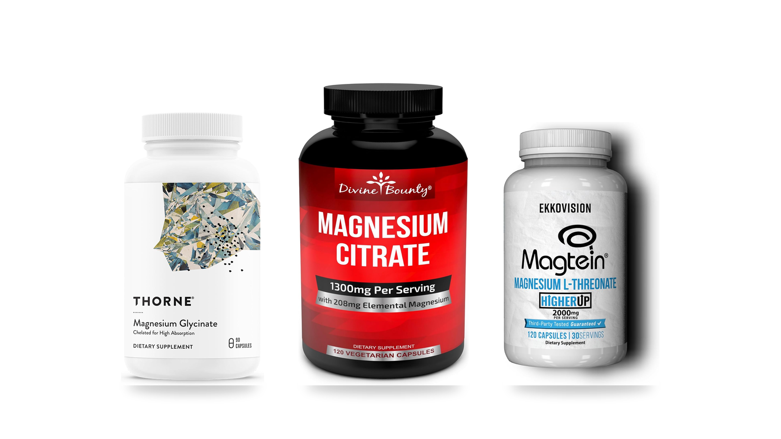Magnesium supplement bottles in three forms: glycinate, citrate and L-threonate