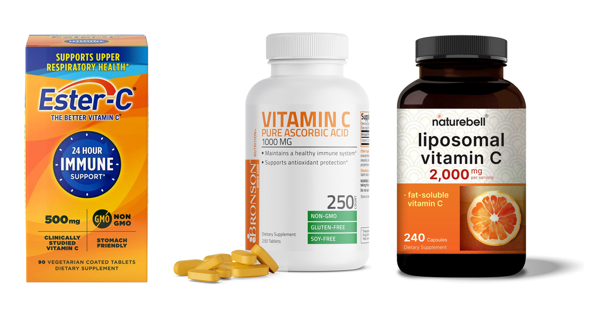 Three vitamin C products: Ester-C 500 mg box, Bronson pure ascorbic acid 1000 mg tablets and NatureBell liposomal vitamin C 2000 mg capsules